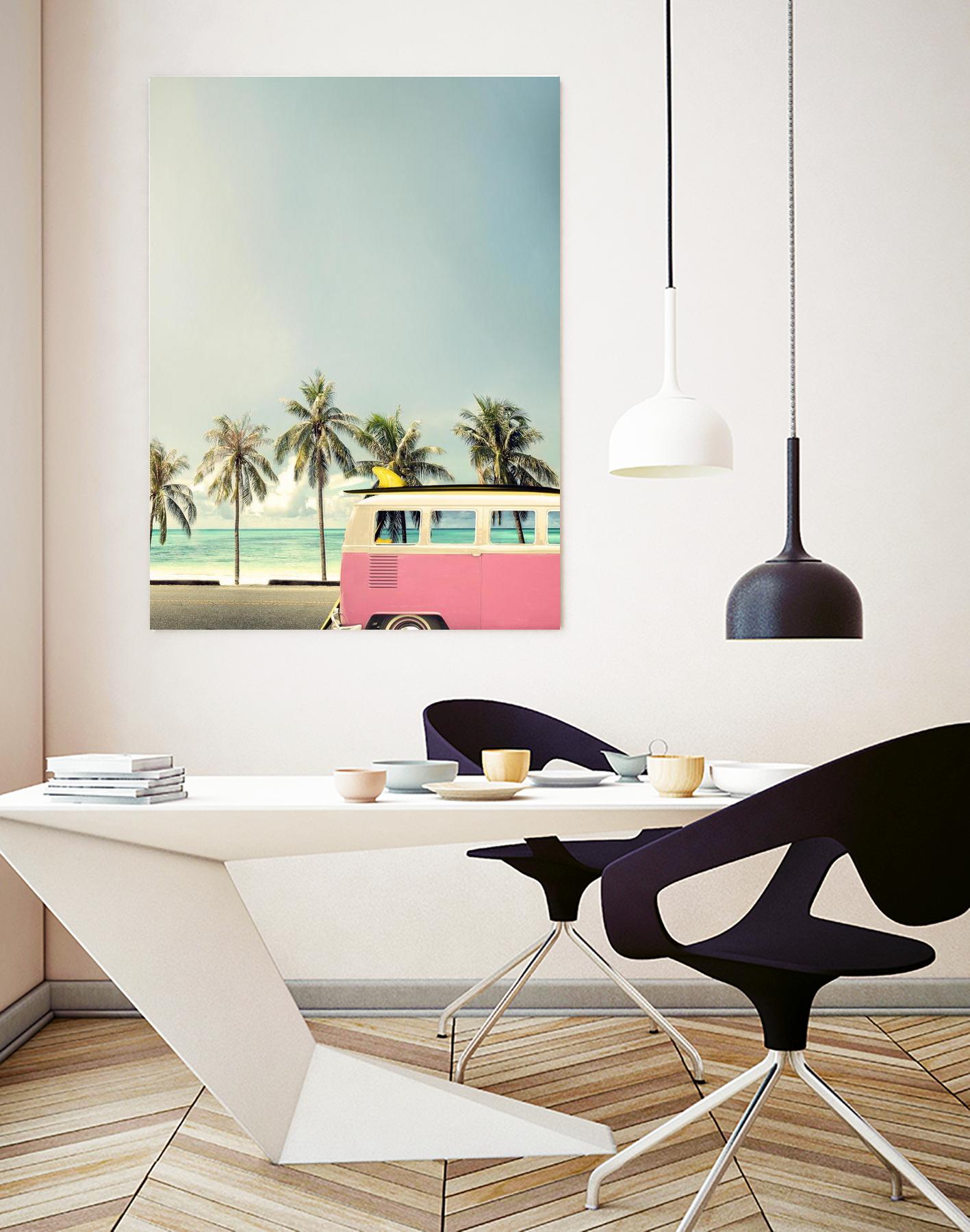 Surf Bus Pink by Design Fabrikken on GIANT ART - multi coastal, landscapes, photography, beaches, cars, ocean, palm trees, surfing, tropical, transportation