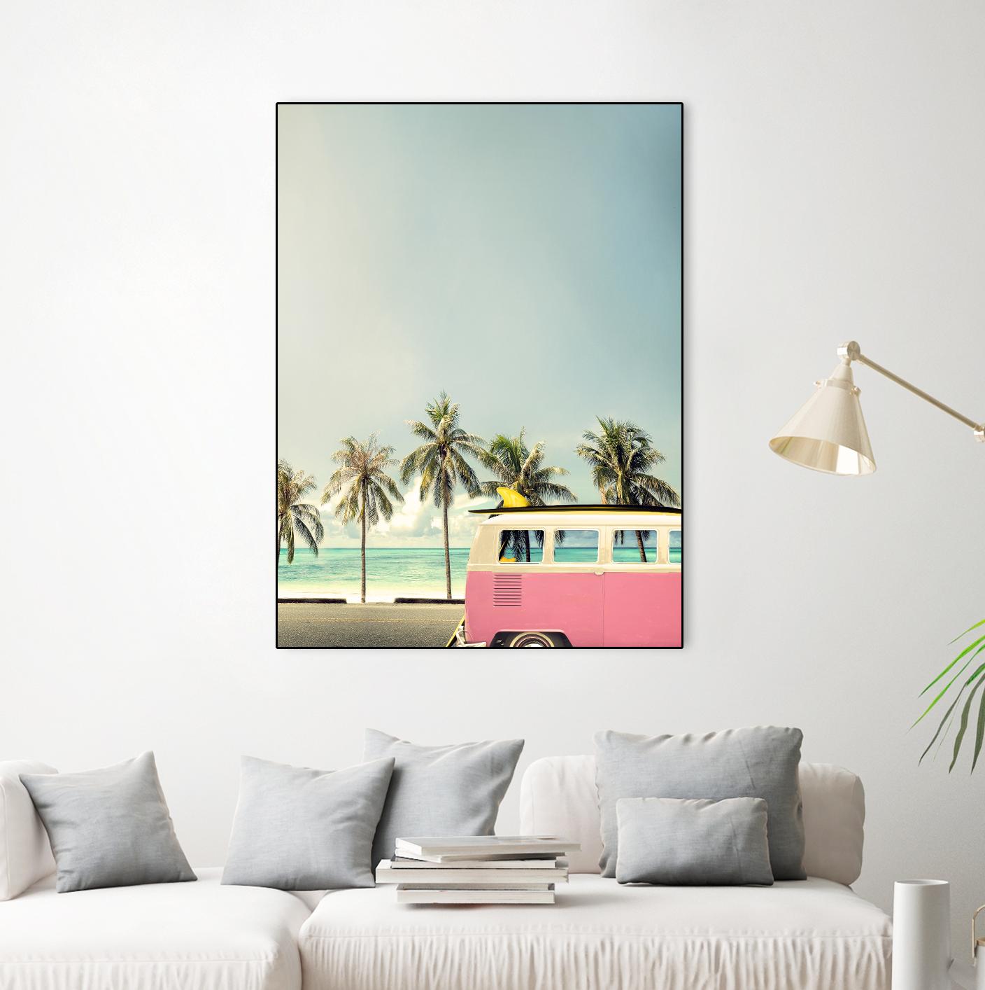 Surf Bus Pink by Design Fabrikken on GIANT ART - multi coastal, landscapes, photography, beaches, cars, ocean, palm trees, surfing, tropical, transportation