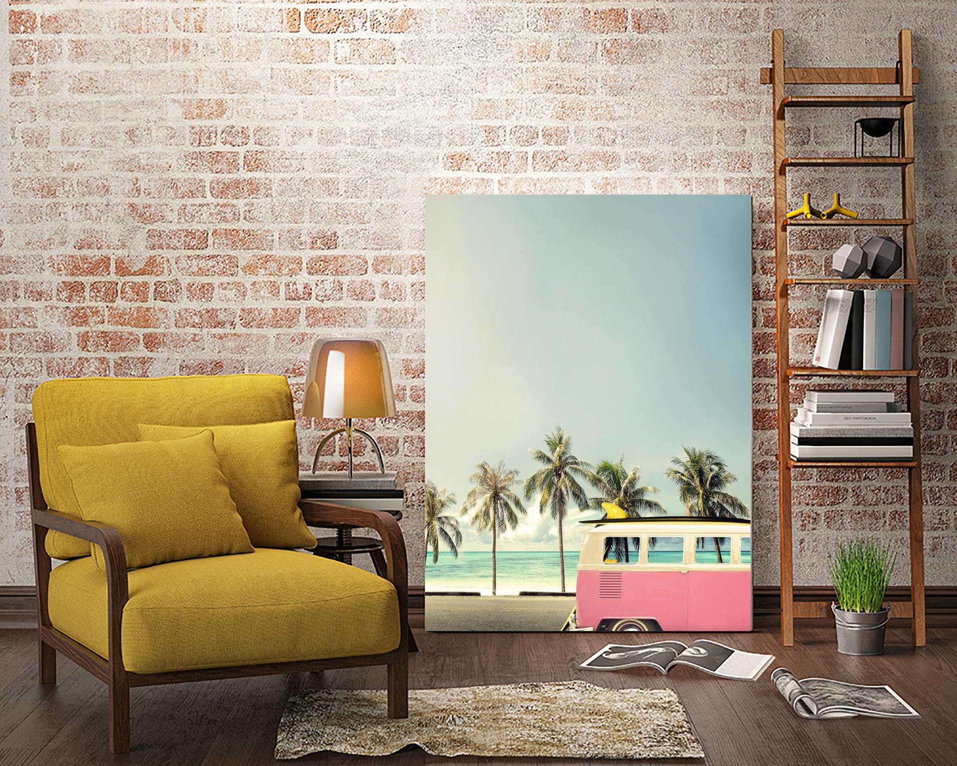 Surf Bus Pink by Design Fabrikken on GIANT ART - multi coastal, landscapes, photography, beaches, cars, ocean, palm trees, surfing, tropical, transportation