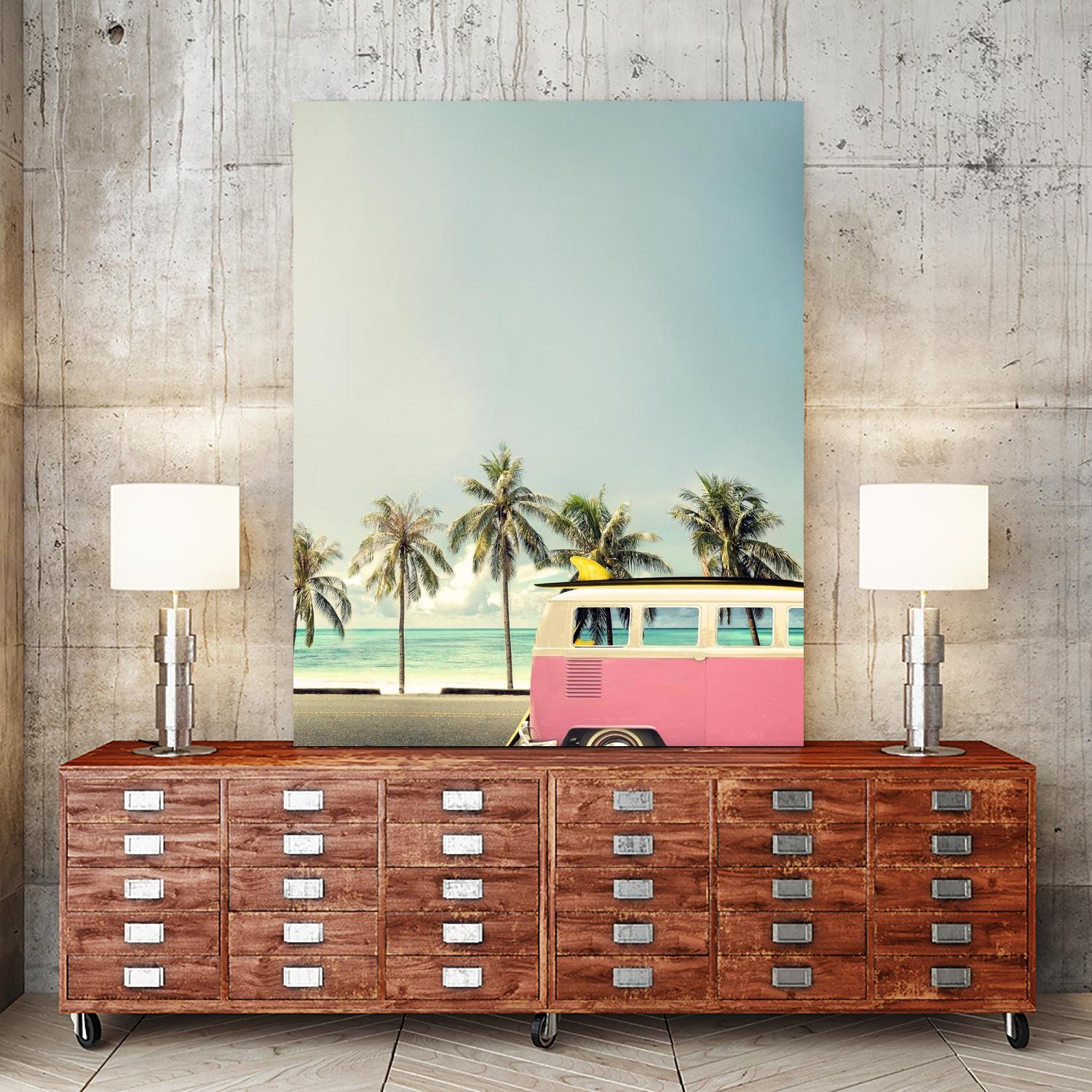 Surf Bus Pink by Design Fabrikken on GIANT ART - multi coastal, landscapes, photography, beaches, cars, ocean, palm trees, surfing, tropical, transportation
