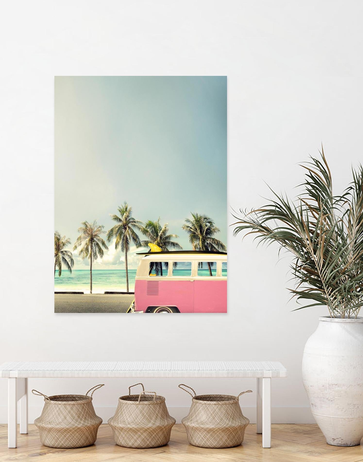 Surf Bus Pink by Design Fabrikken on GIANT ART - multi coastal, landscapes, photography, beaches, cars, ocean, palm trees, surfing, tropical, transportation
