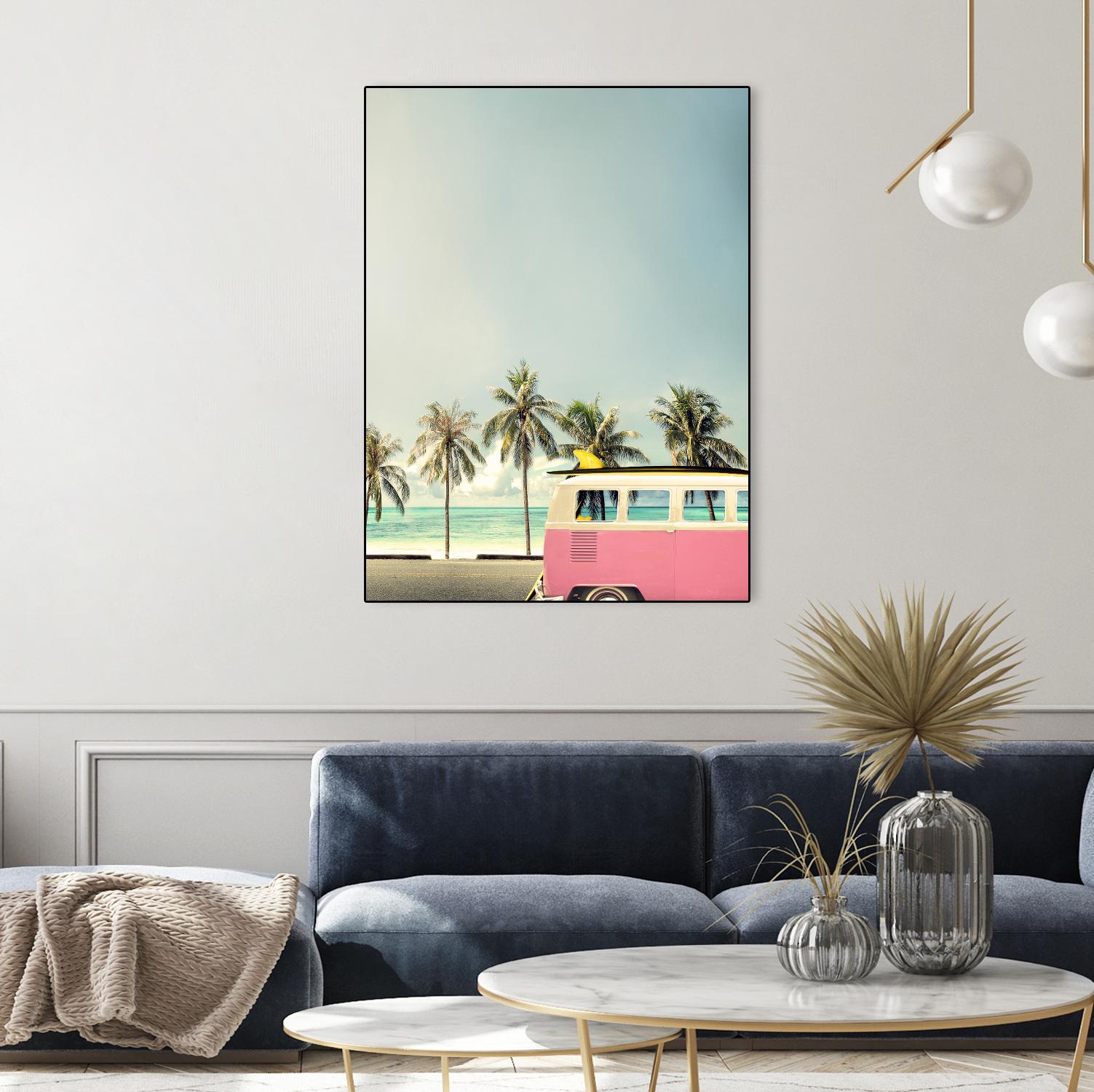 Surf Bus Pink by Design Fabrikken on GIANT ART - multi coastal, landscapes, photography, beaches, cars, ocean, palm trees, surfing, tropical, transportation