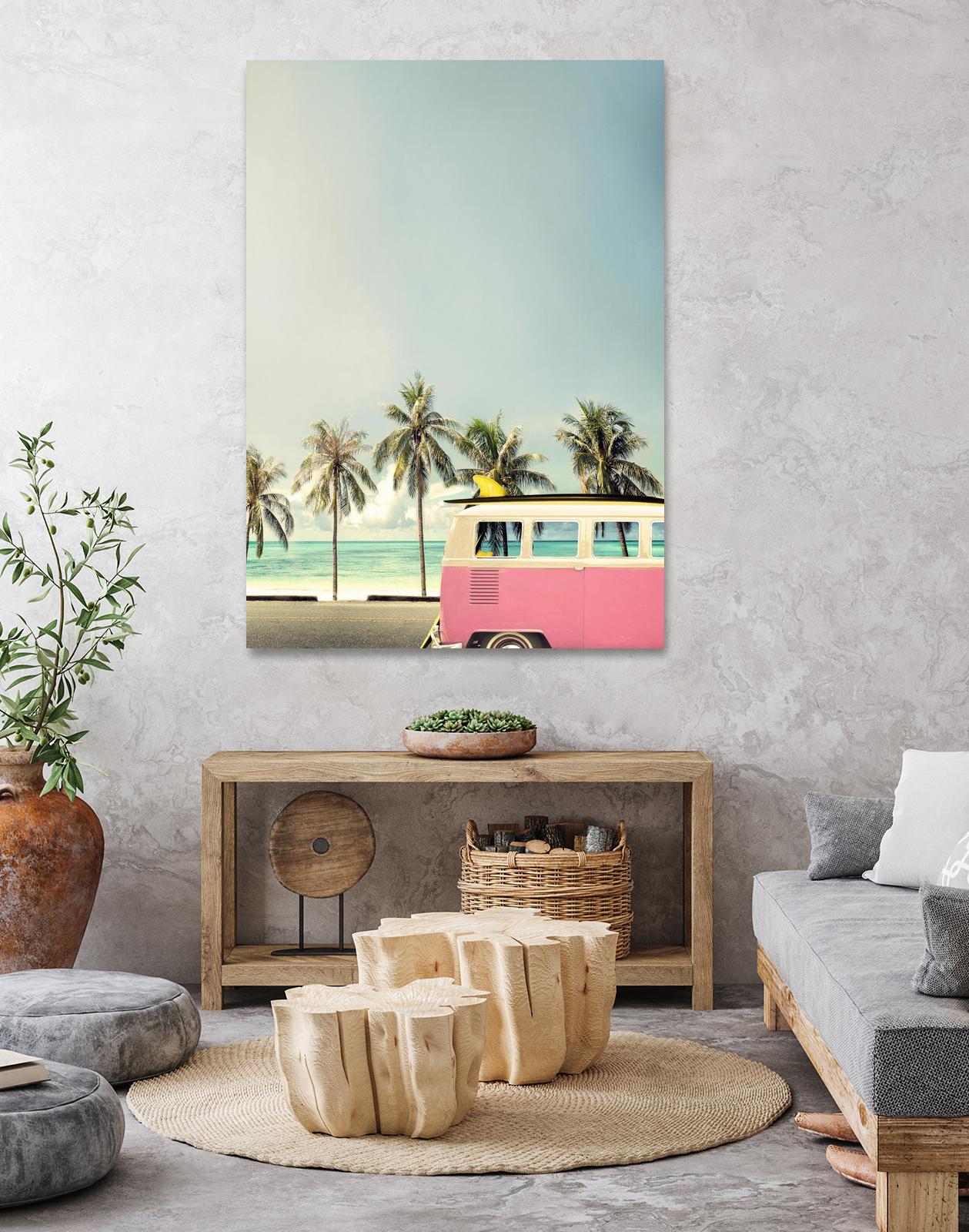 Surf Bus Pink by Design Fabrikken on GIANT ART - multi coastal, landscapes, photography, beaches, cars, ocean, palm trees, surfing, tropical, transportation