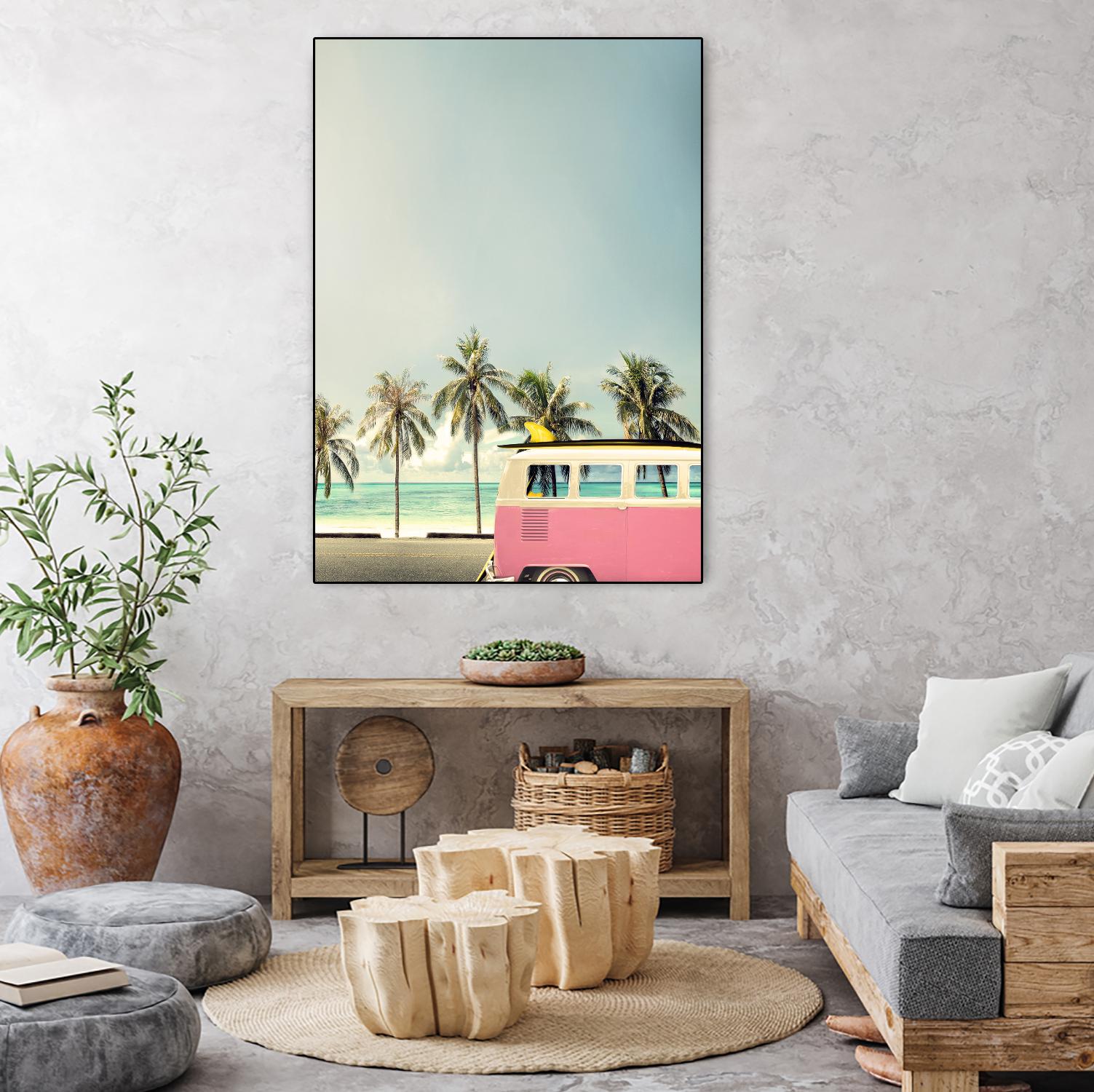 Surf Bus Pink by Design Fabrikken on GIANT ART - multi coastal, landscapes, photography, beaches, cars, ocean, palm trees, surfing, tropical, transportation