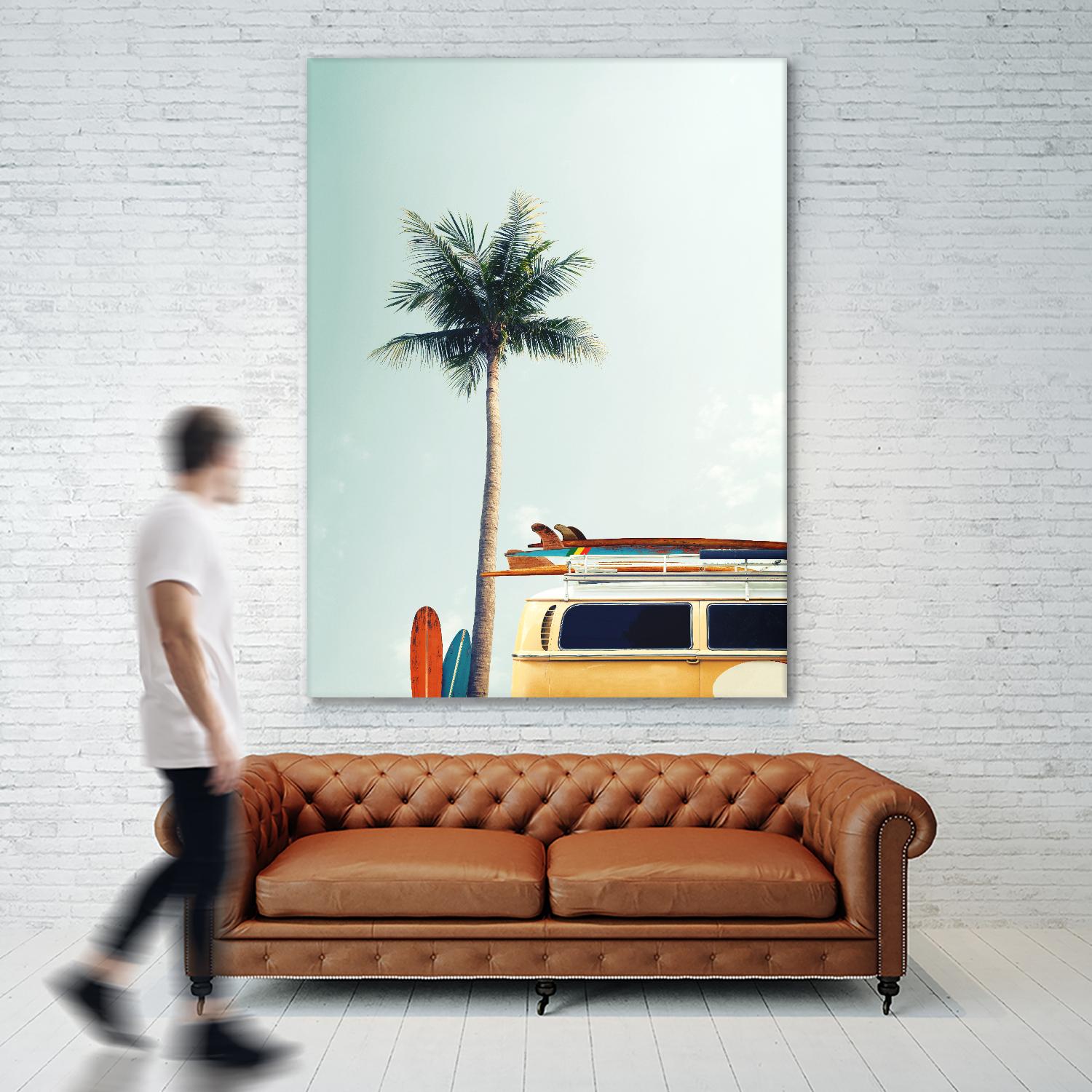 Surf Bus Yellow by Design Fabrikken on GIANT ART - multi coastal, landscapes, photography, beaches, cars, palm trees, surfing, tropical, transportation