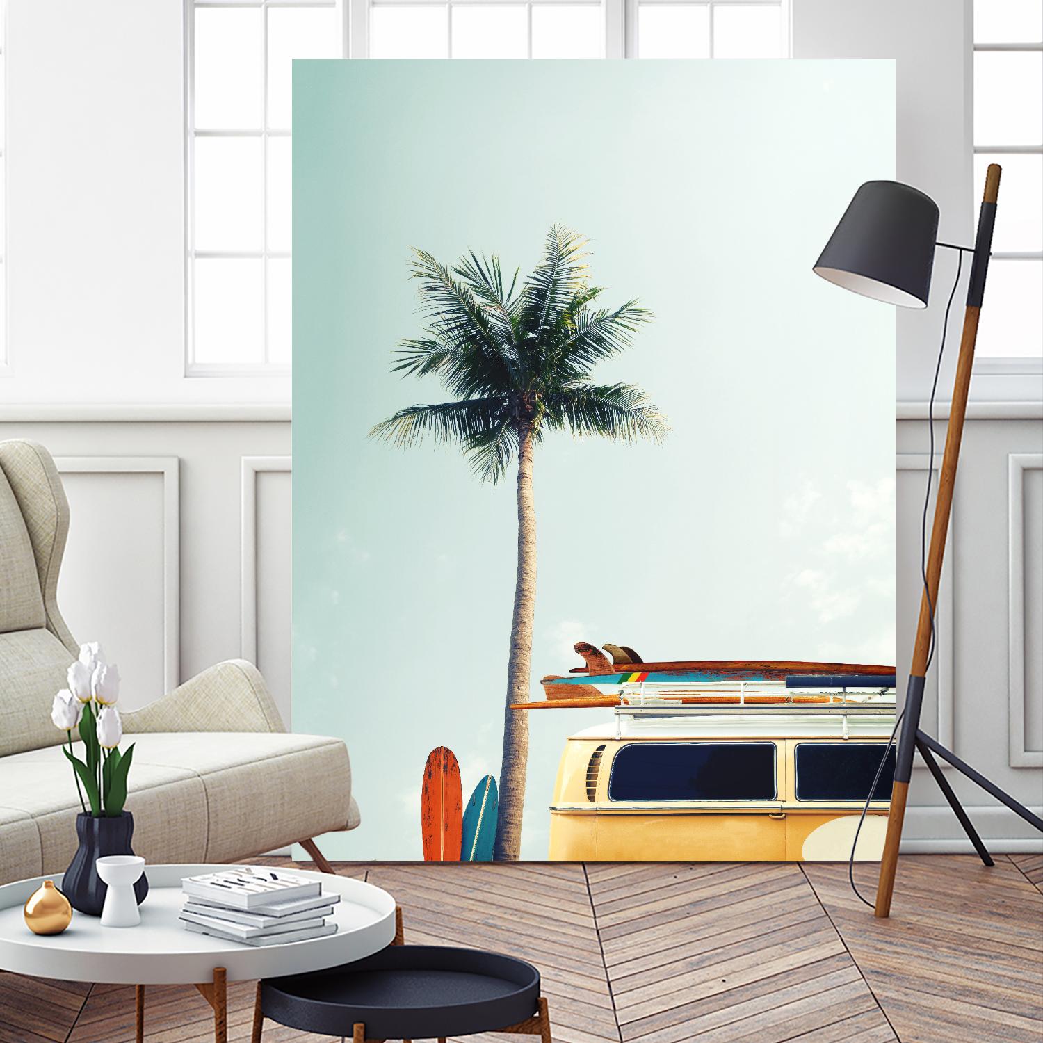 Surf Bus Yellow by Design Fabrikken on GIANT ART - multi coastal, landscapes, photography, beaches, cars, palm trees, surfing, tropical, transportation