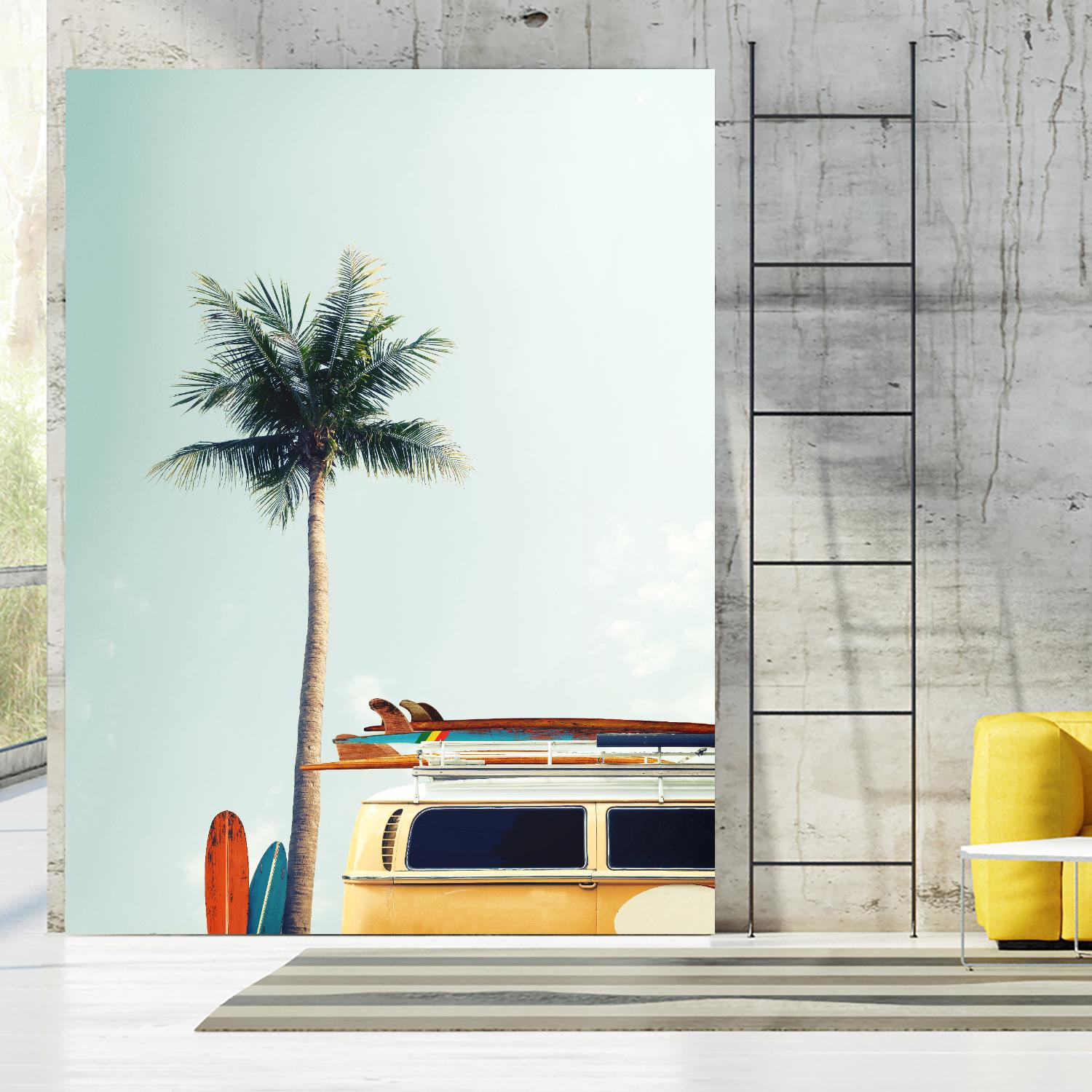 Surf Bus Yellow by Design Fabrikken on GIANT ART - multi coastal, landscapes, photography, beaches, cars, palm trees, surfing, tropical, transportation