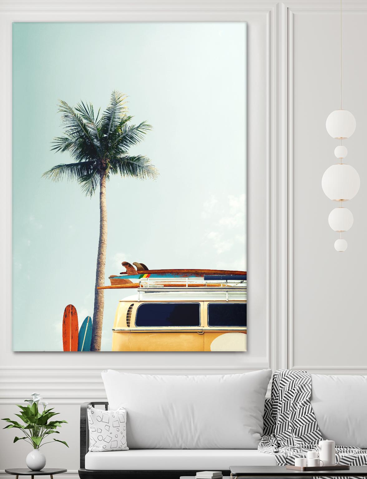 Surf Bus Yellow by Design Fabrikken on GIANT ART - multi coastal, landscapes, photography, beaches, cars, palm trees, surfing, tropical, transportation