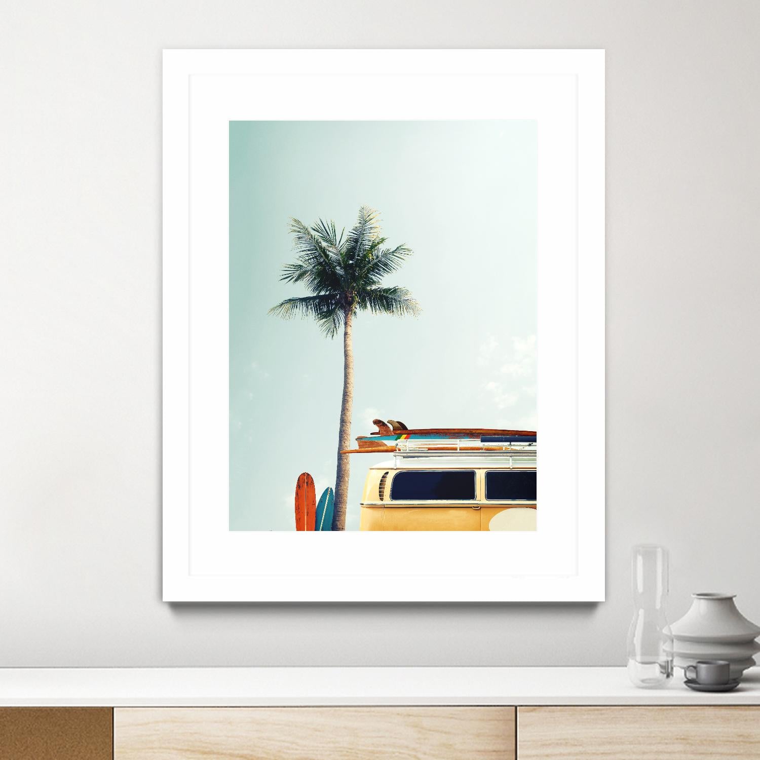 Surf Bus Yellow by Design Fabrikken on GIANT ART - multi coastal, landscapes, photography, beaches, cars, palm trees, surfing, tropical, transportation