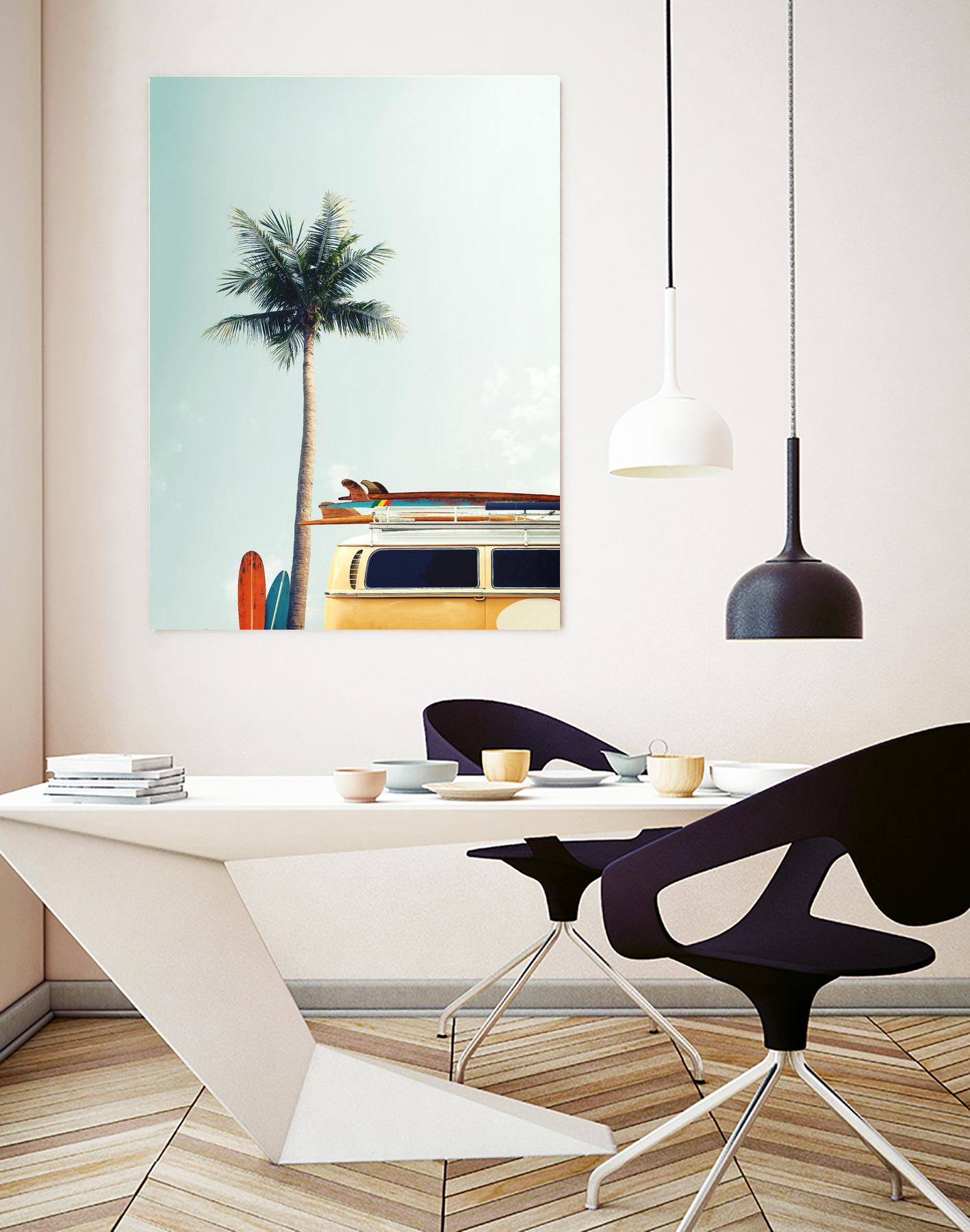 Surf Bus Yellow by Design Fabrikken on GIANT ART - multi coastal, landscapes, photography, beaches, cars, palm trees, surfing, tropical, transportation