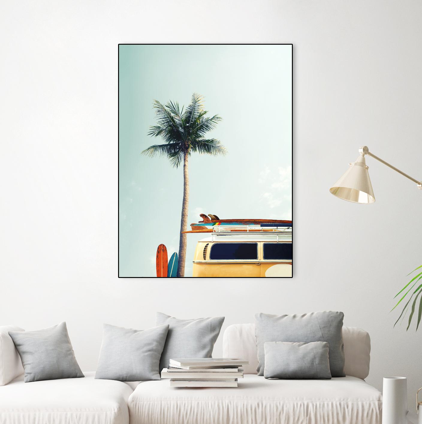 Surf Bus Yellow by Design Fabrikken on GIANT ART - multi coastal, landscapes, photography, beaches, cars, palm trees, surfing, tropical, transportation