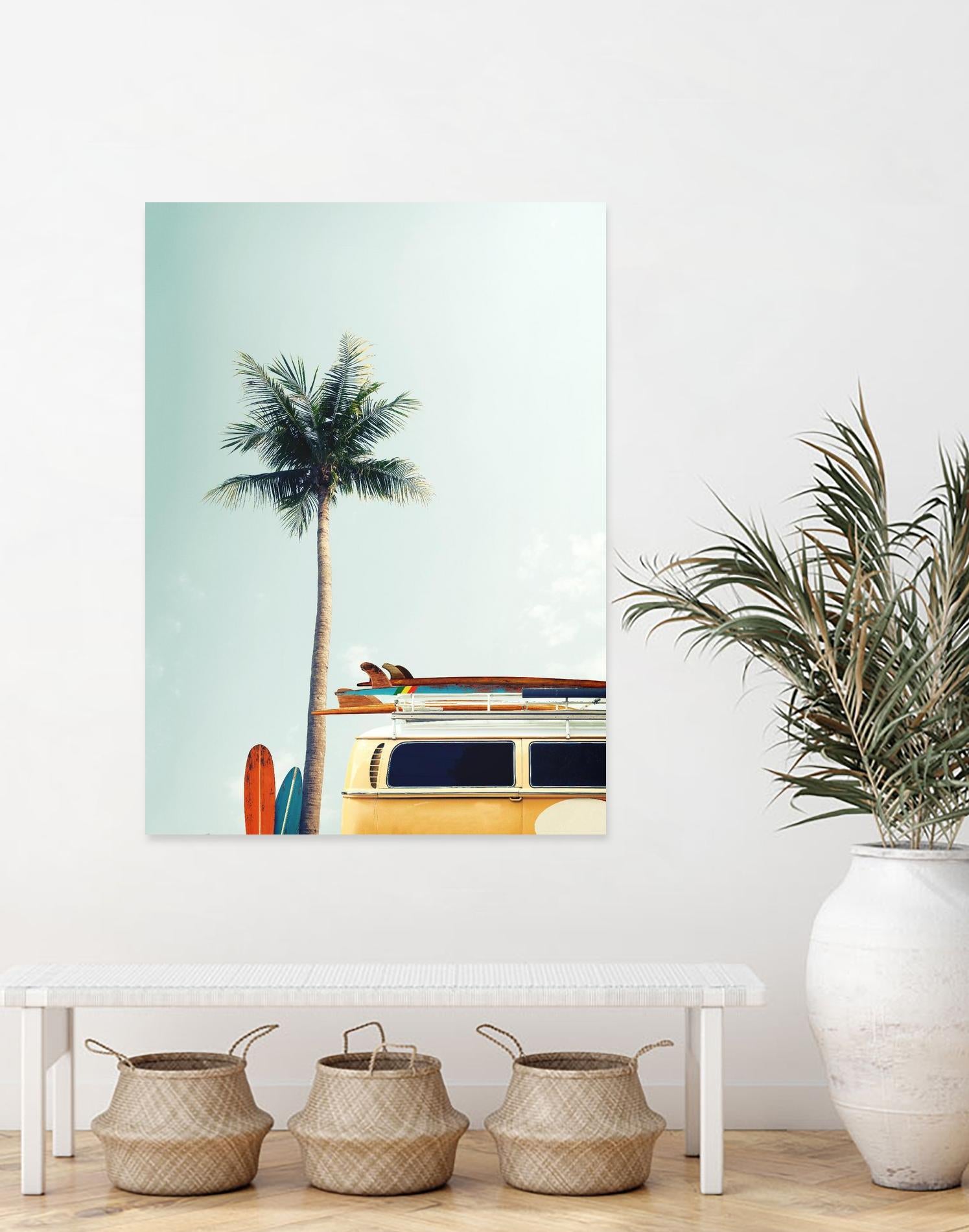 Surf Bus Yellow by Design Fabrikken on GIANT ART - multi coastal, landscapes, photography, beaches, cars, palm trees, surfing, tropical, transportation