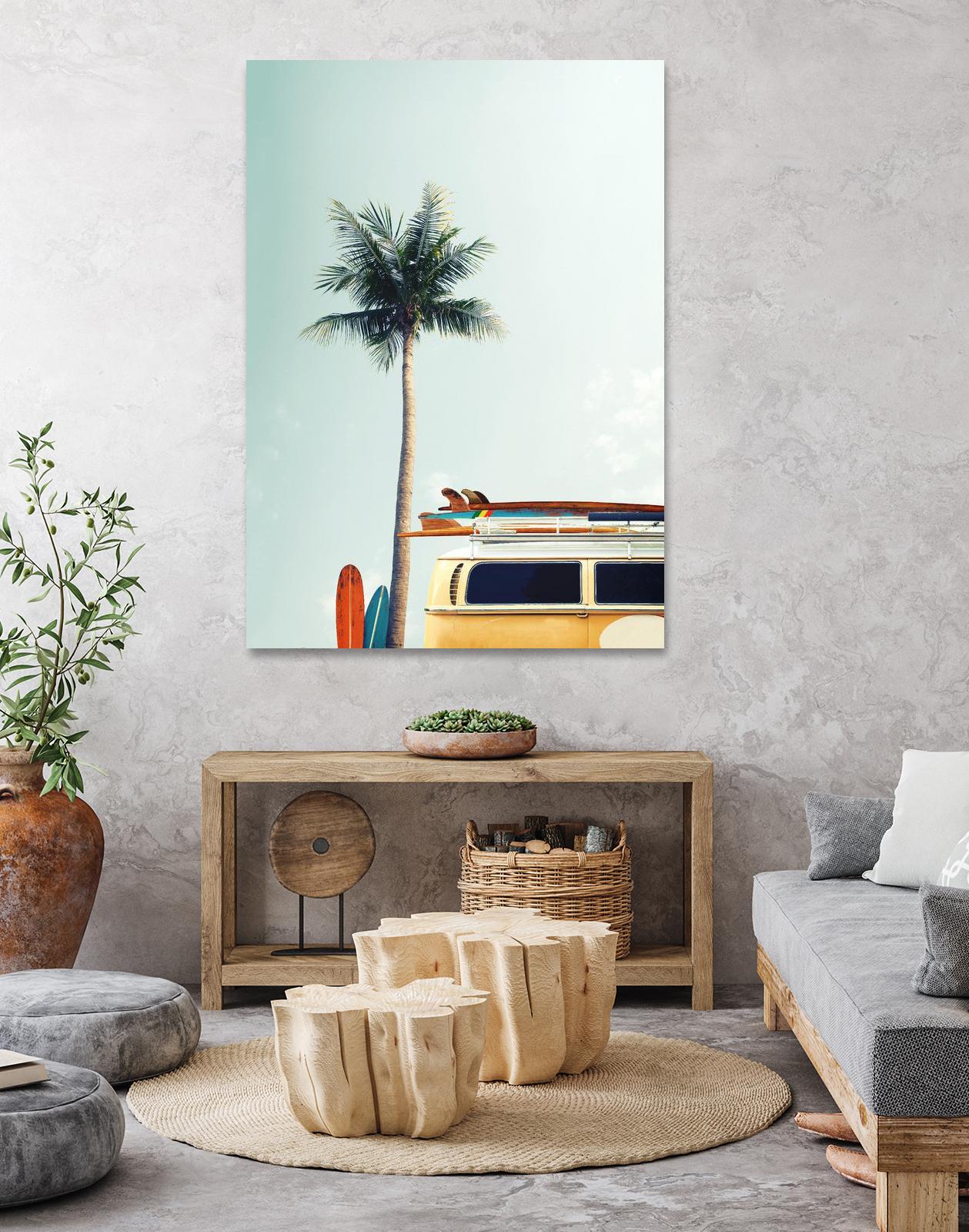 Surf Bus Yellow by Design Fabrikken on GIANT ART - multi coastal, landscapes, photography, beaches, cars, palm trees, surfing, tropical, transportation