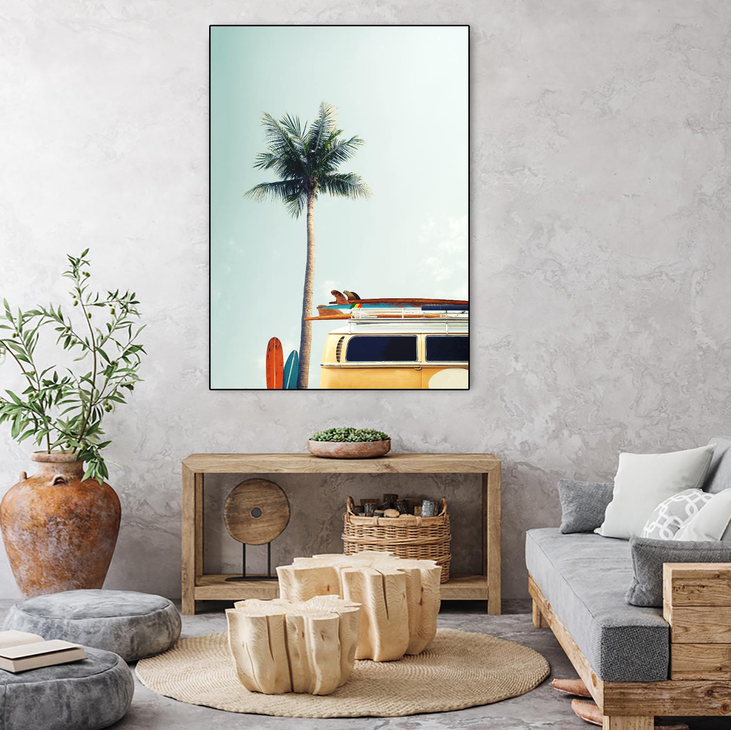 Surf Bus Yellow by Design Fabrikken on GIANT ART - multi coastal, landscapes, photography, beaches, cars, palm trees, surfing, tropical, transportation