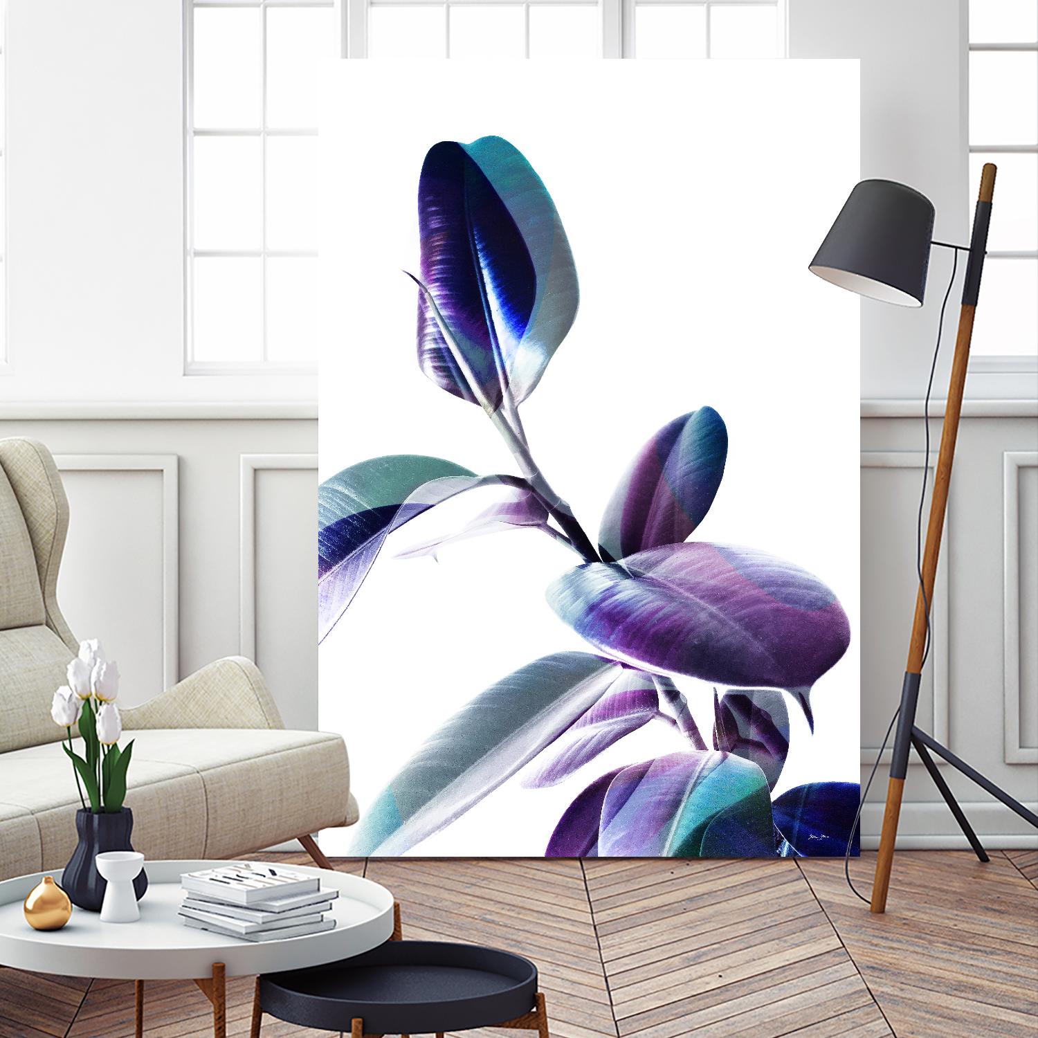 Minimal Rubber foliage in Blue and Purple on White by Dominique Vari on GIANT ART