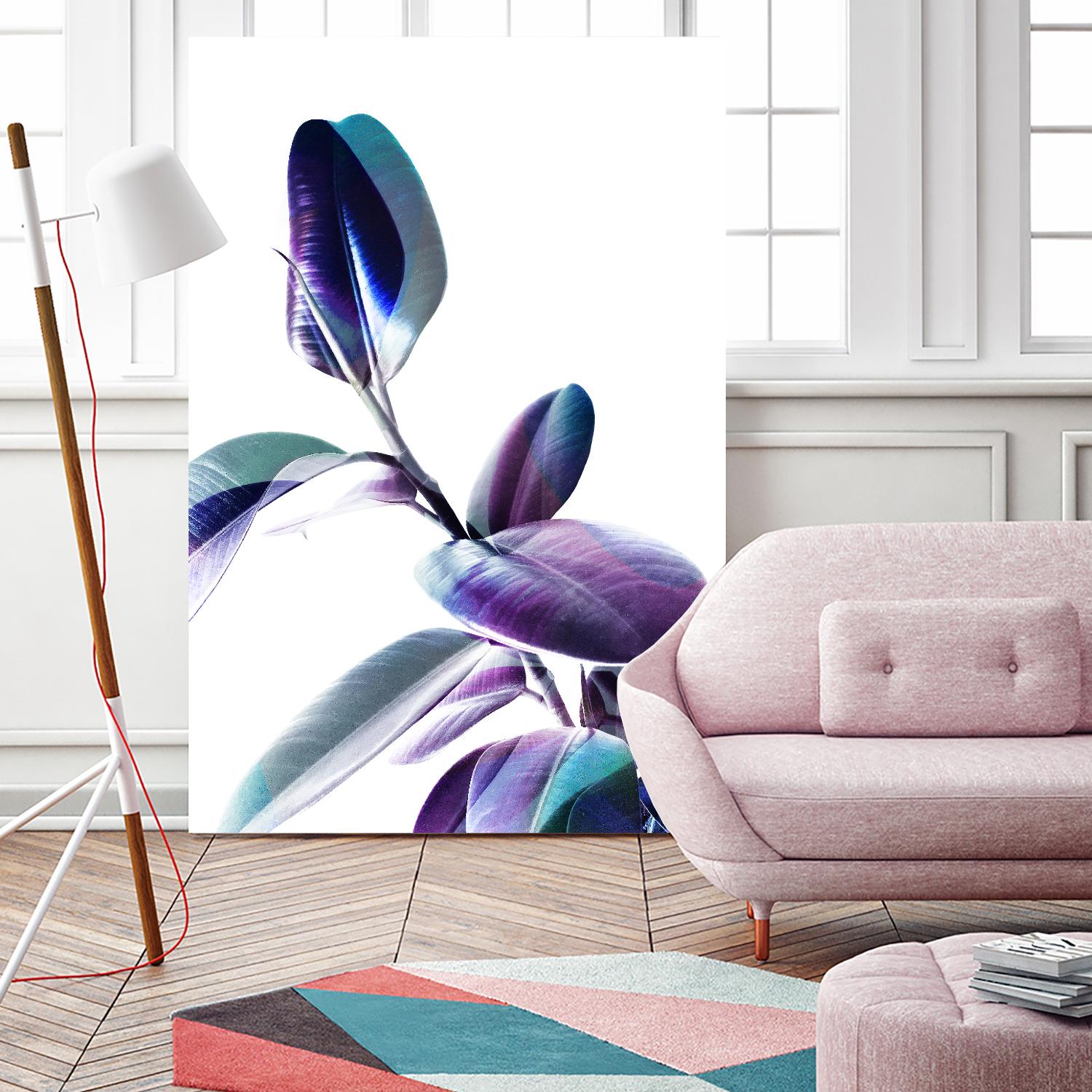 Minimal Rubber foliage in Blue and Purple on White by Dominique Vari on GIANT ART