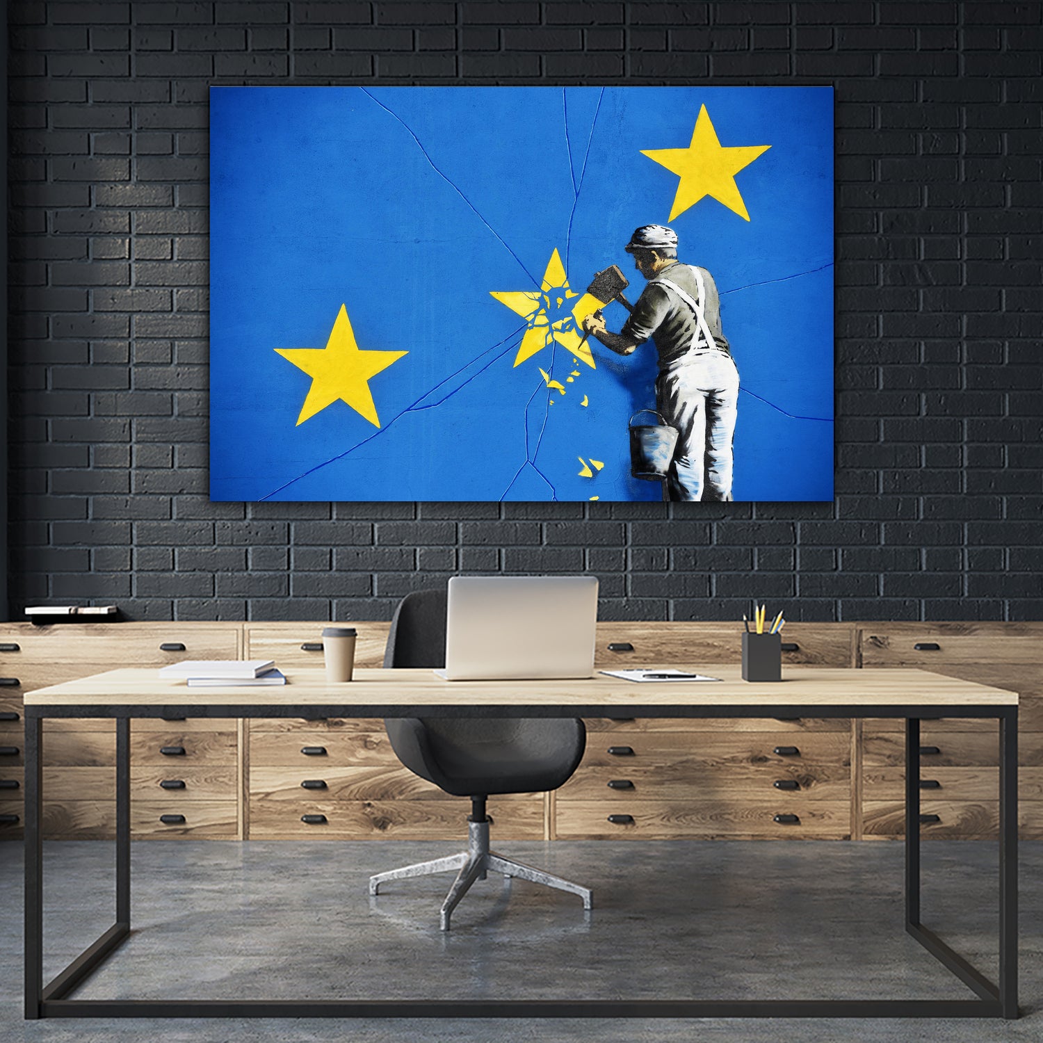 Banksy, Euro stars, edited, cut verion, Banksy poster by ALMA Studio on GIANT ART - blue mixed media