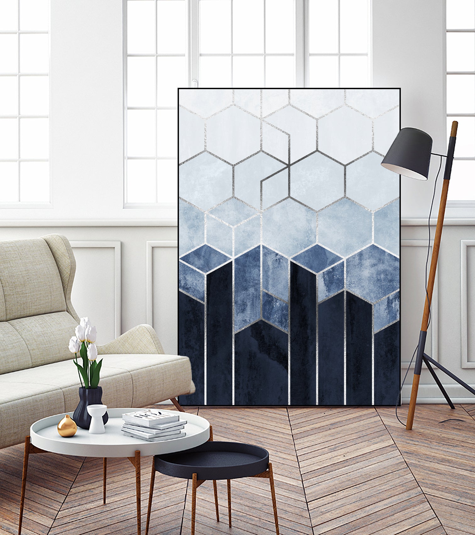 Soft Blue Hexagons - Silver by Elisabeth Fredriksson on GIANT ART - blue digital drawing