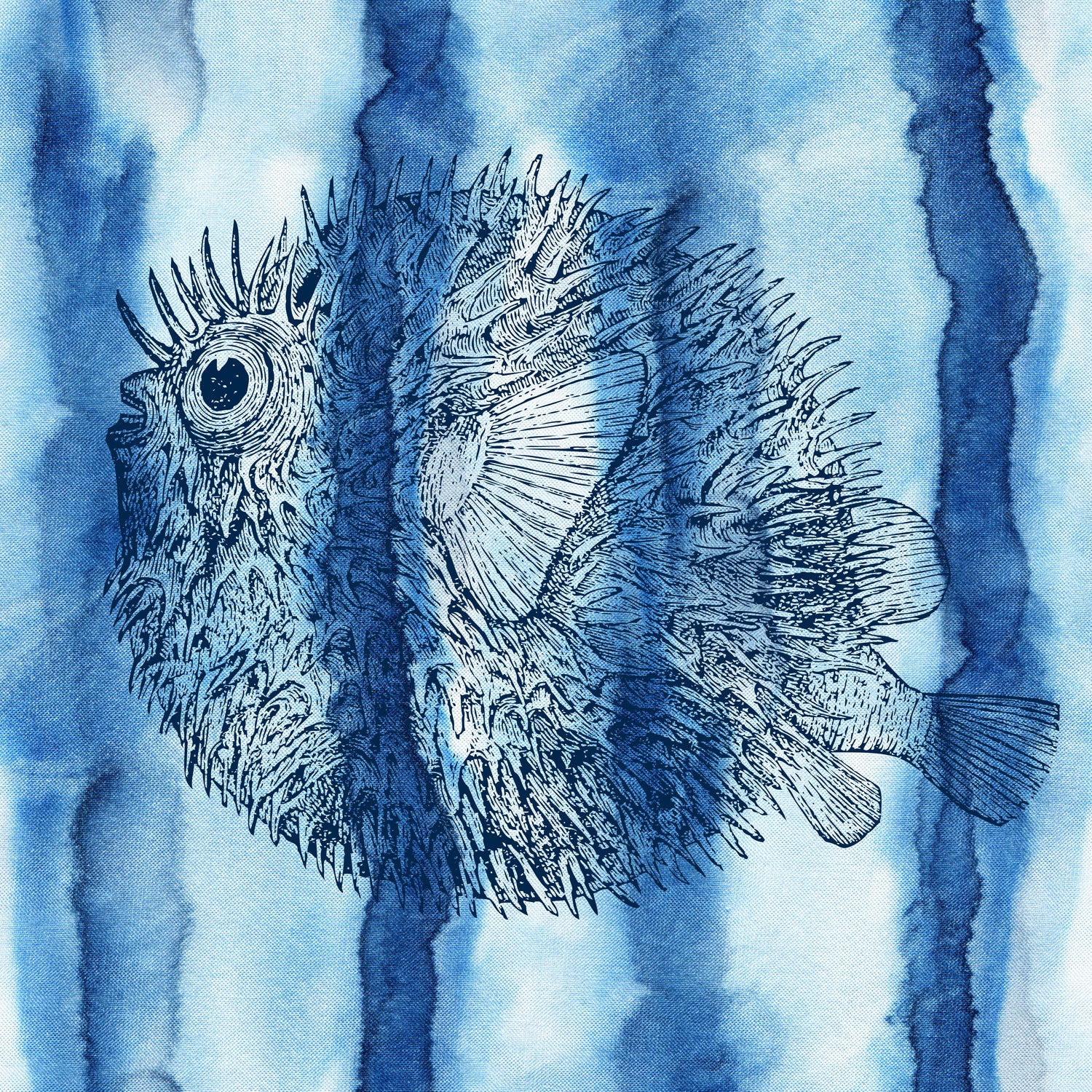 Puffer Fish Shibori by Thomas Fernez on GIANT ART - blue digital drawing