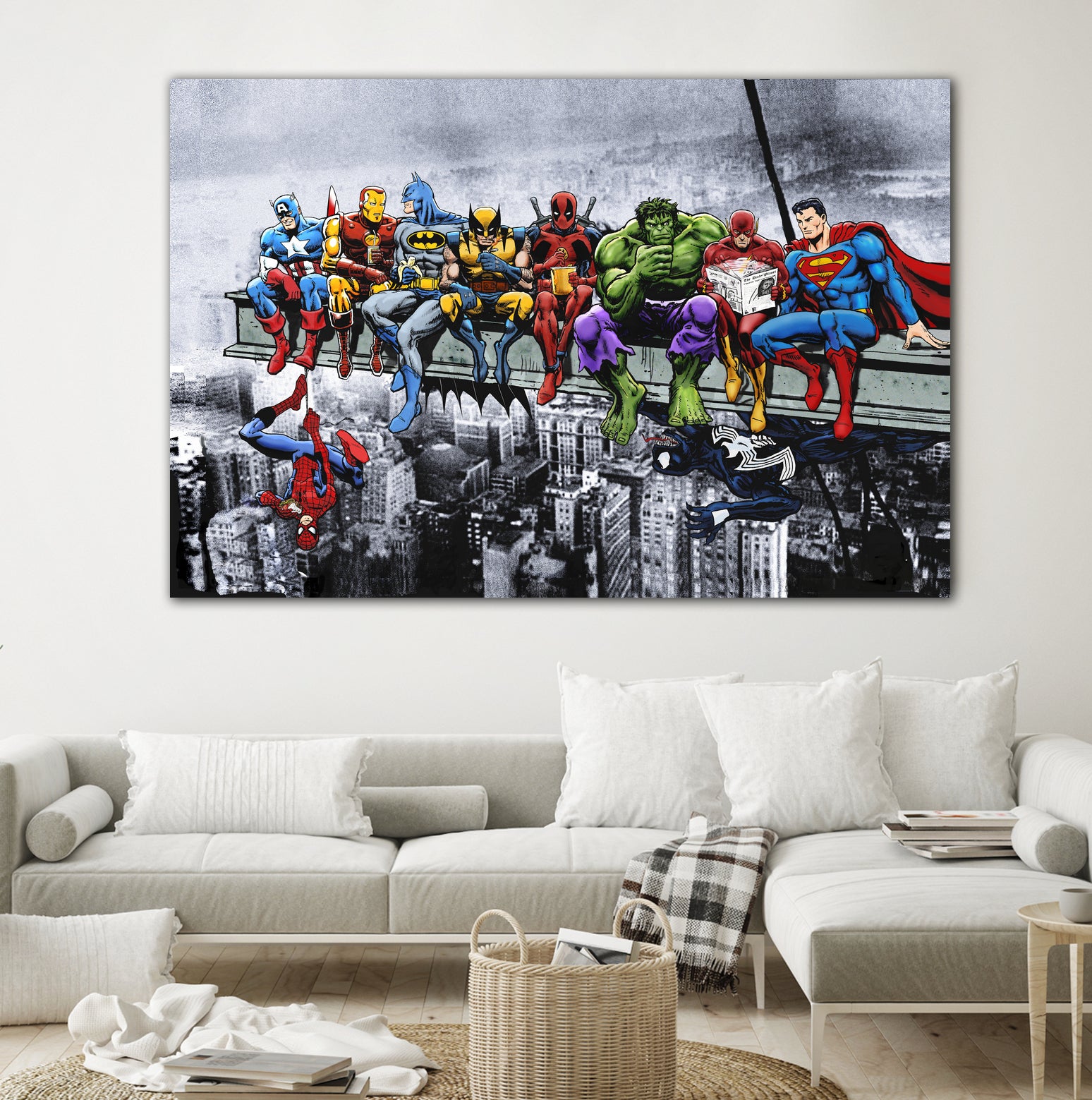 Marvel and DC Superheroes Lunch Atop A Skyscraper by Dan Avenell on GIANT ART - red digital painting