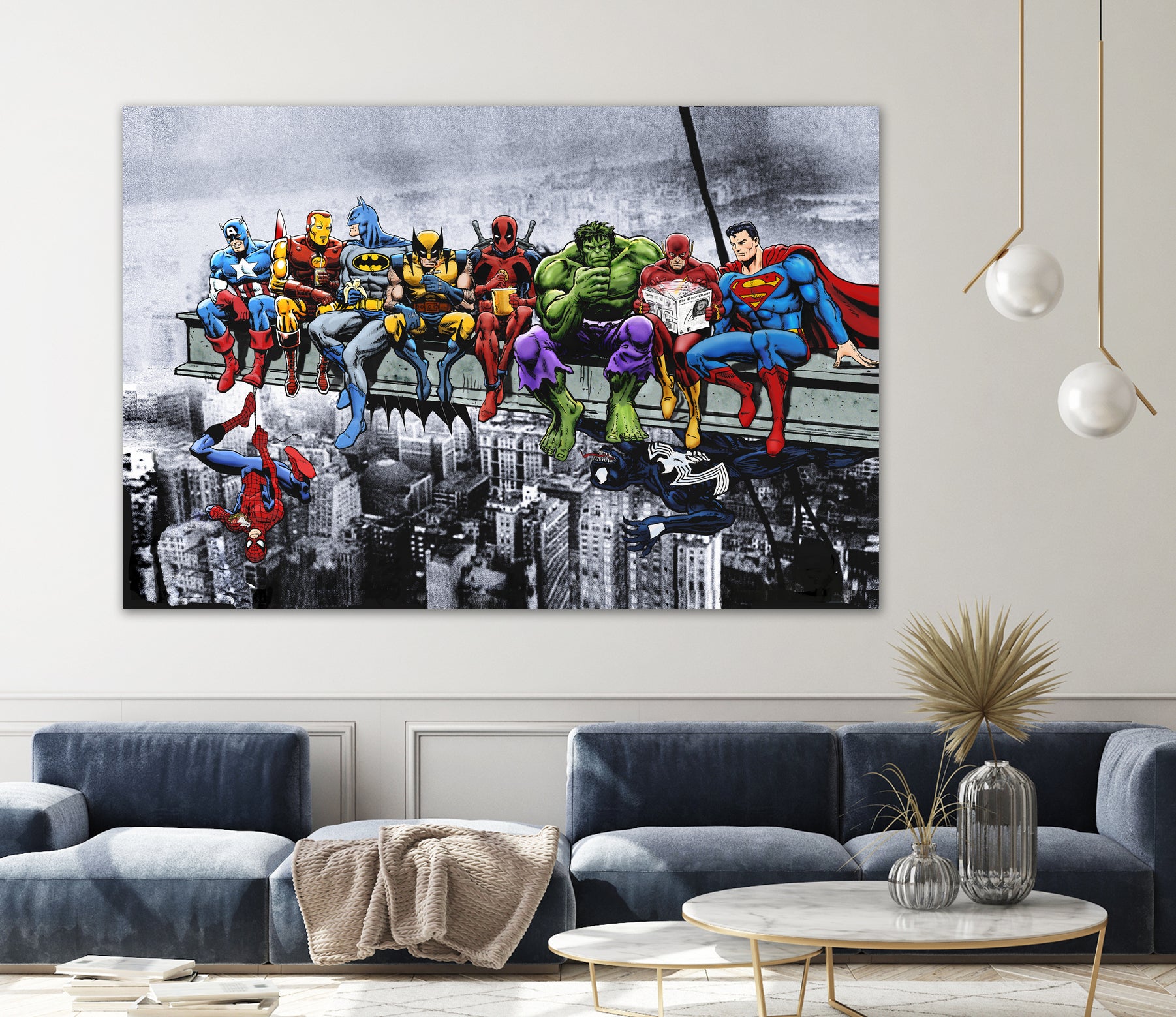 Marvel and DC Superheroes Lunch Atop A Skyscraper by Dan Avenell on GIANT ART - red digital painting