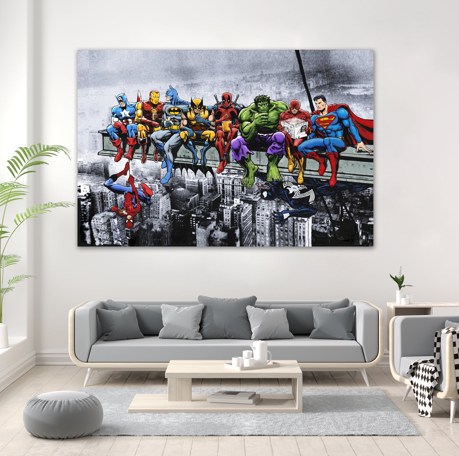 Marvel and DC Superheroes Lunch Atop A Skyscraper by Dan Avenell on GIANT ART - red digital painting