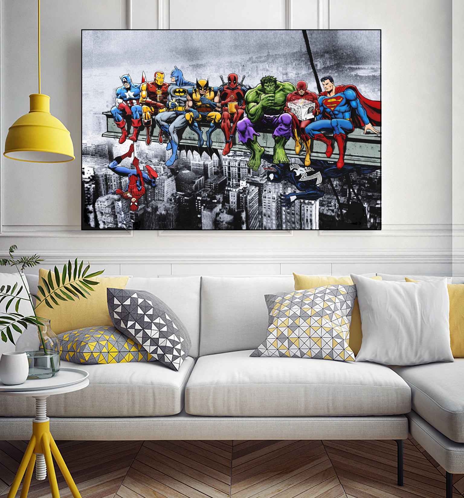 Marvel and DC Superheroes Lunch Atop A Skyscraper by Dan Avenell on GIANT ART - red digital painting