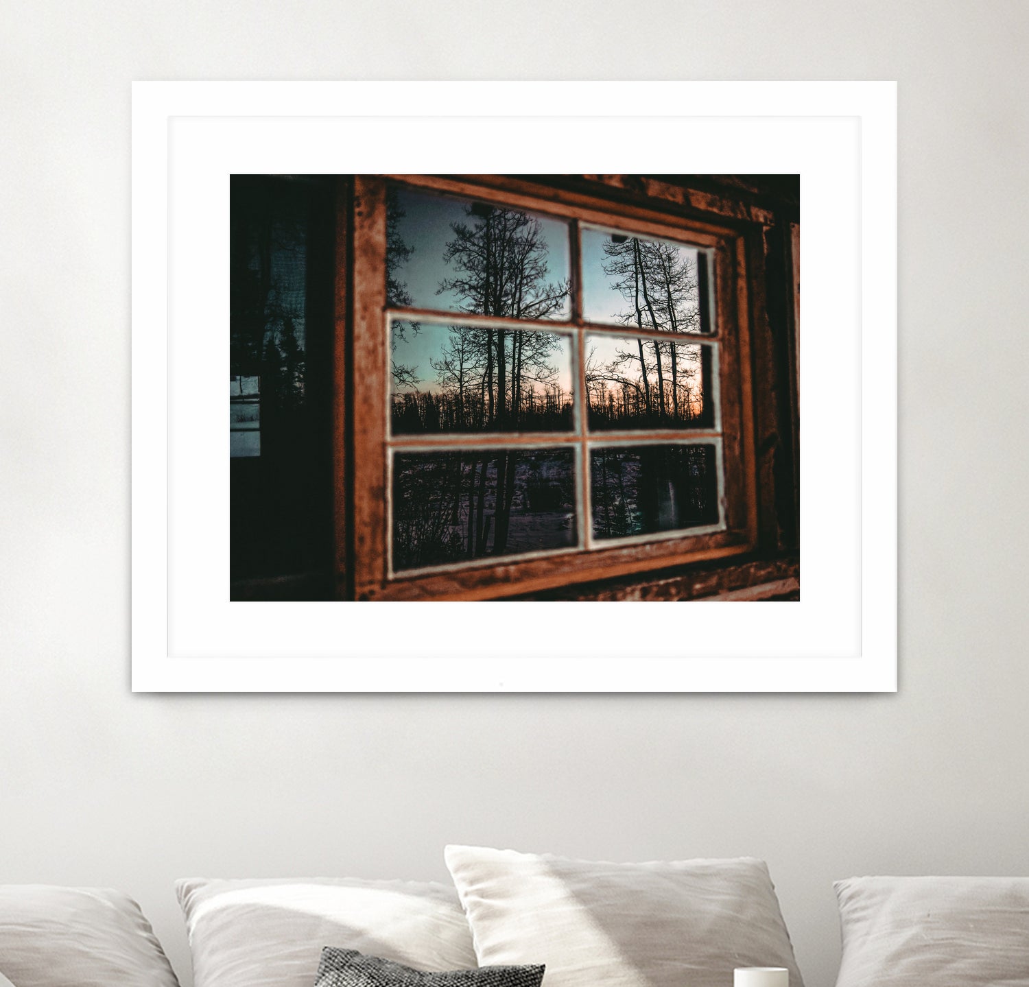 Grainy Sunset Reflection on Log Cabin Window by RJ Byrd on GIANT ART - blue photo illustration