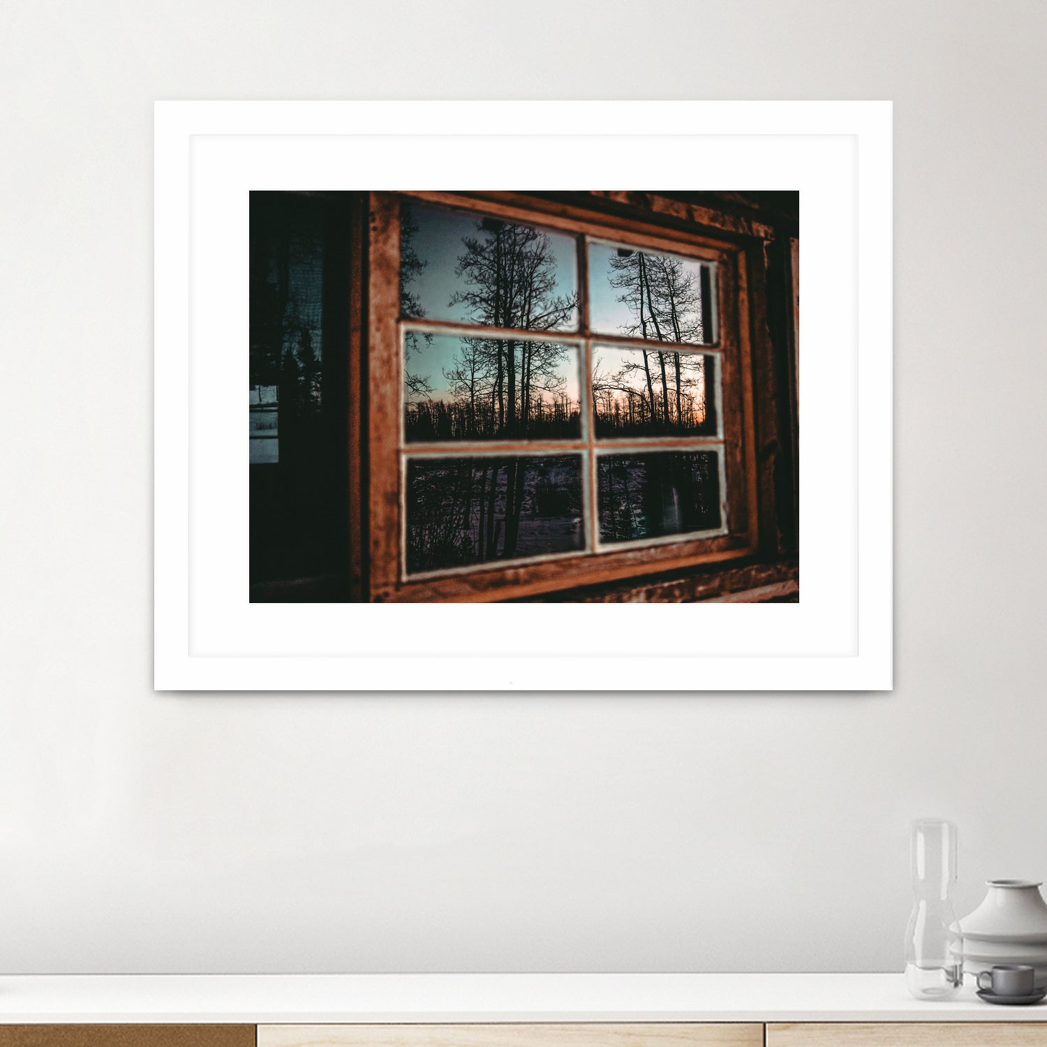 Grainy Sunset Reflection on Log Cabin Window by RJ Byrd on GIANT ART - blue photo illustration