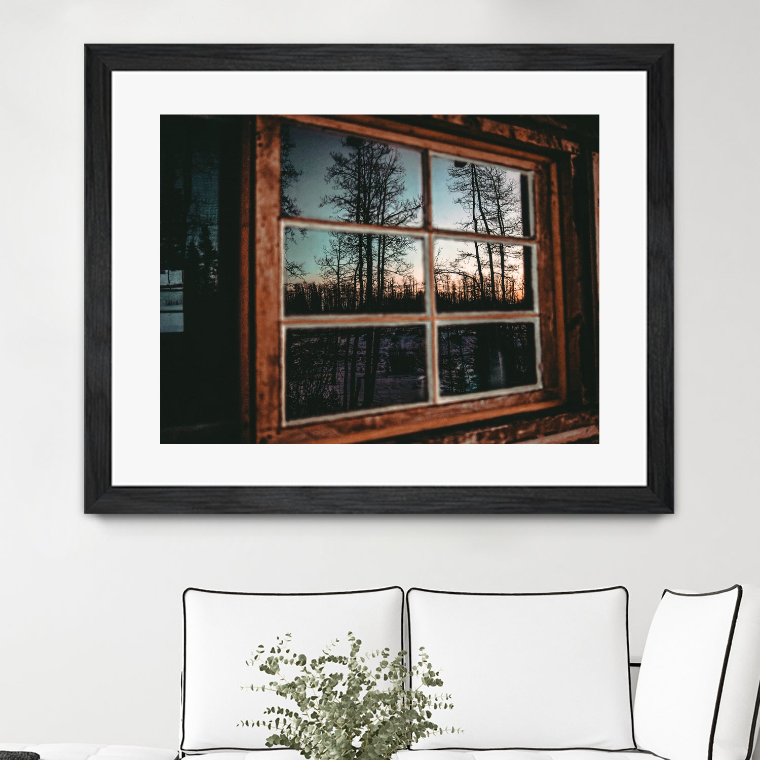 Grainy Sunset Reflection on Log Cabin Window by RJ Byrd on GIANT ART - blue photo illustration