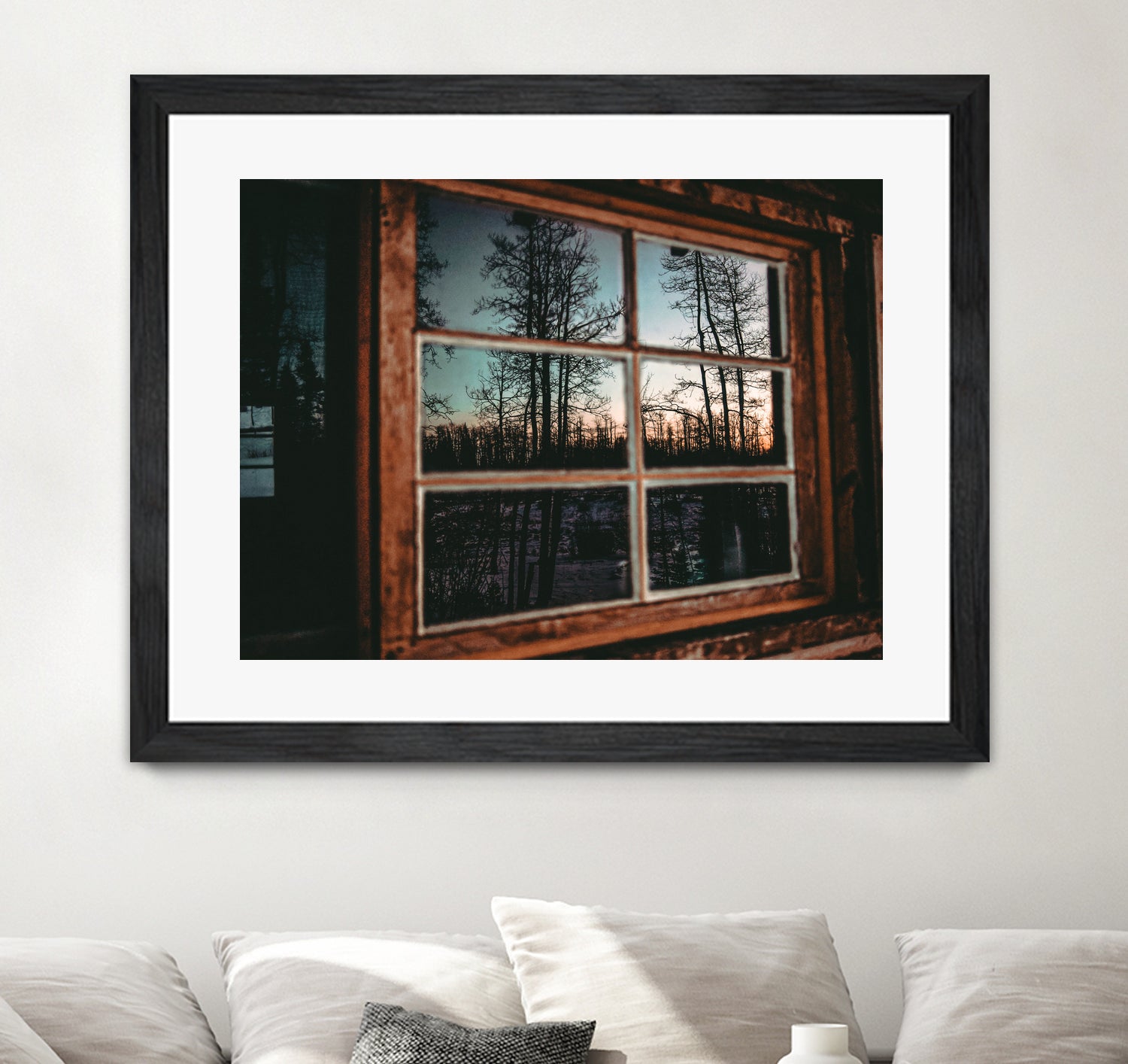 Grainy Sunset Reflection on Log Cabin Window by RJ Byrd on GIANT ART - blue photo illustration