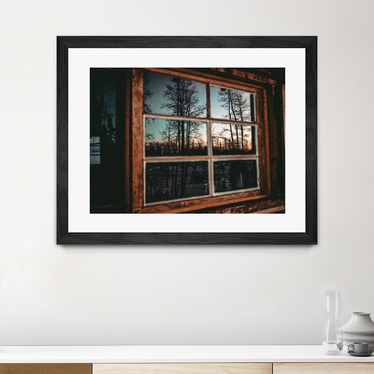 Grainy Sunset Reflection on Log Cabin Window by RJ Byrd on GIANT ART - blue photo illustration