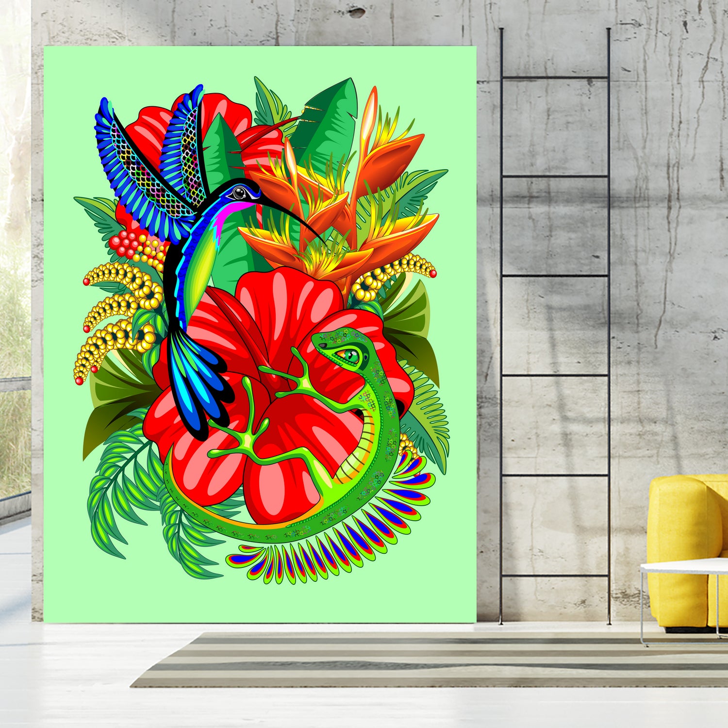 The Lizard, The Hummingbird and The Hibiscus by Monica Terrana on GIANT ART - green digital drawing