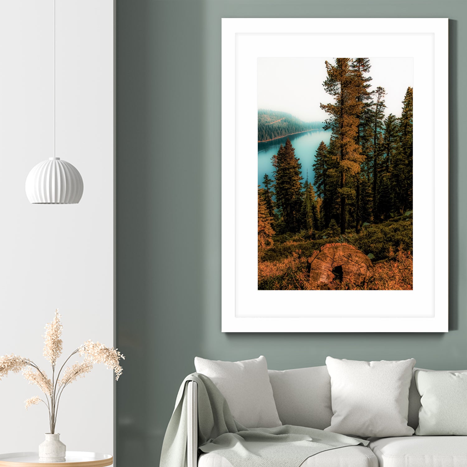 Pine tree with lake scenic at Emerald Bay Lake Tahoe by sutee monchitnukul on GIANT ART - orange photo manipulation