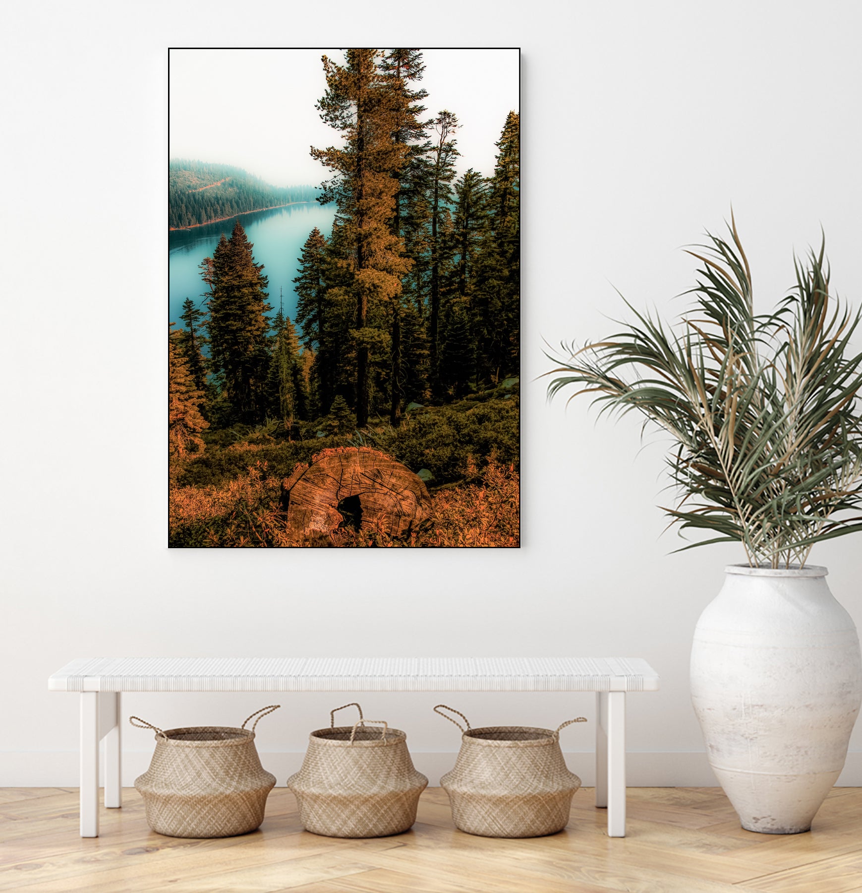 Pine tree with lake scenic at Emerald Bay Lake Tahoe by sutee monchitnukul on GIANT ART - orange photo manipulation