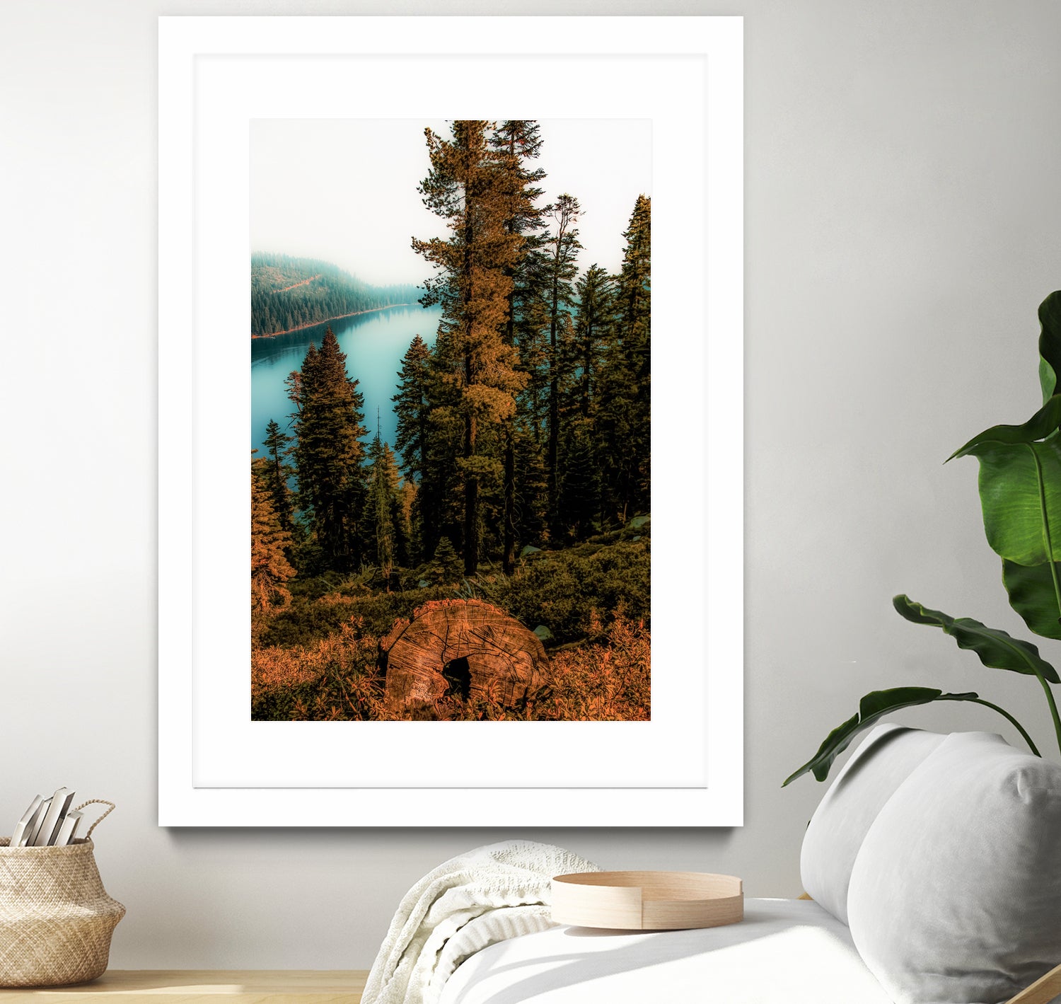 Pine tree with lake scenic at Emerald Bay Lake Tahoe by sutee monchitnukul on GIANT ART - orange photo manipulation