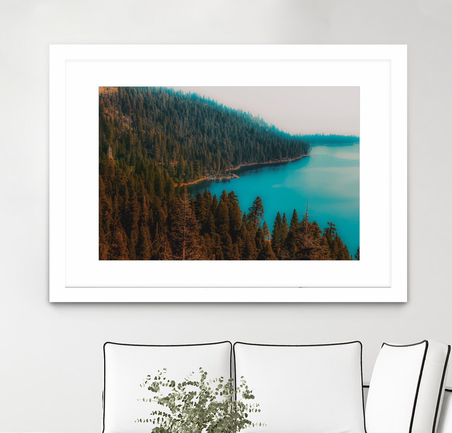 Pine tree and lake view at Emerald Bay Lake Tahoe California by sutee monchitnukul on GIANT ART - blue photo manipulation