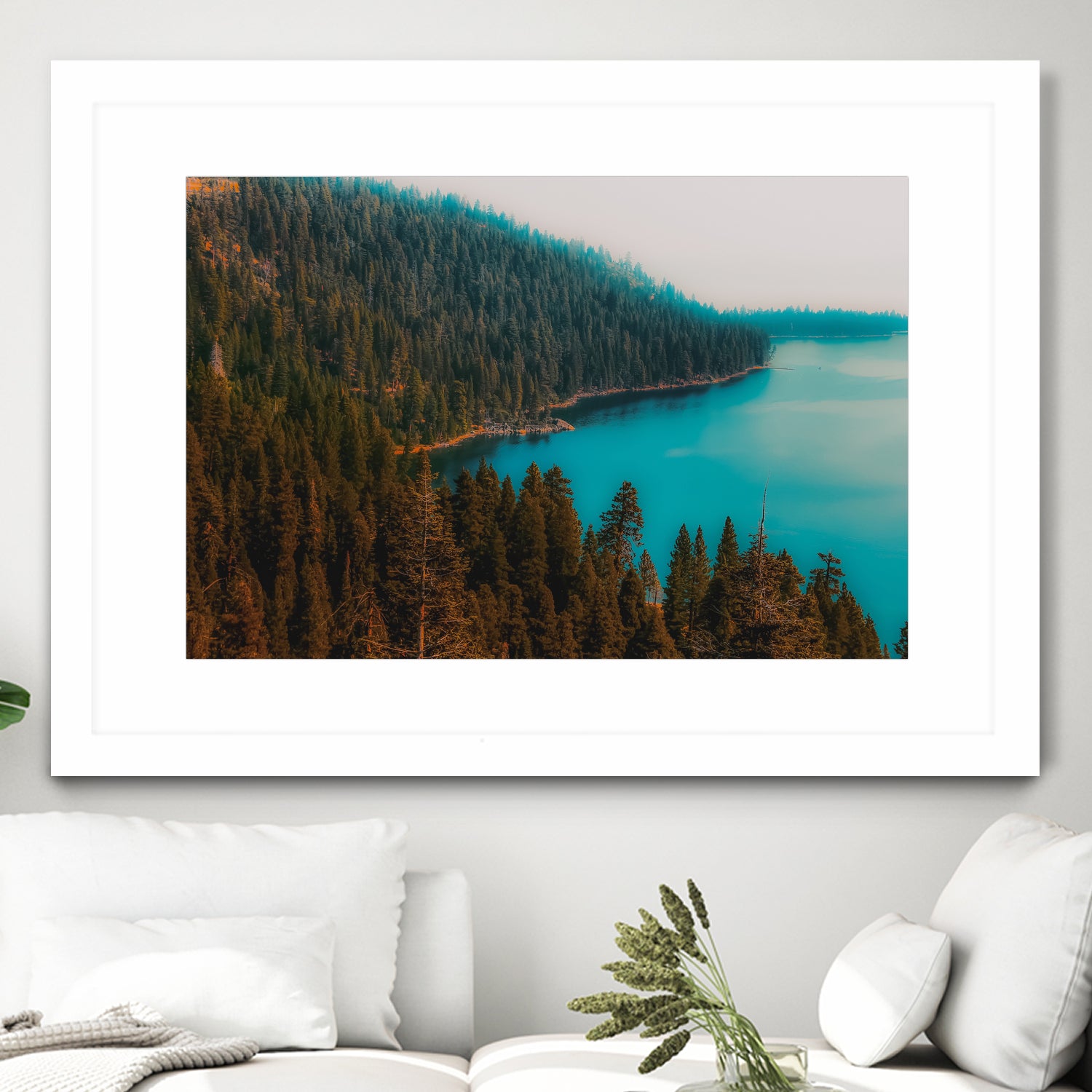 Pine tree and lake view at Emerald Bay Lake Tahoe California by sutee monchitnukul on GIANT ART - blue photo manipulation