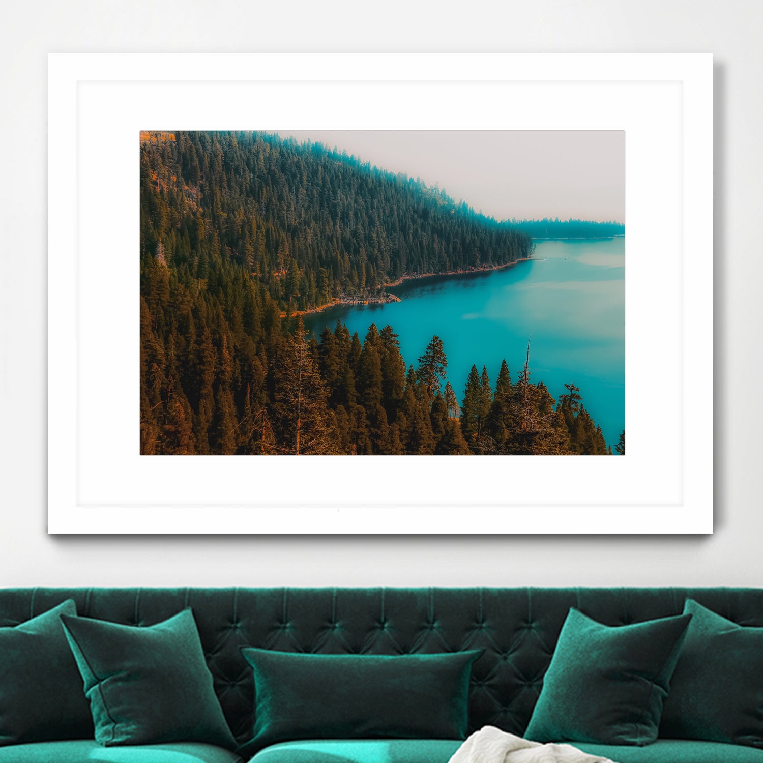 Pine tree and lake view at Emerald Bay Lake Tahoe California by sutee monchitnukul on GIANT ART - blue photo manipulation