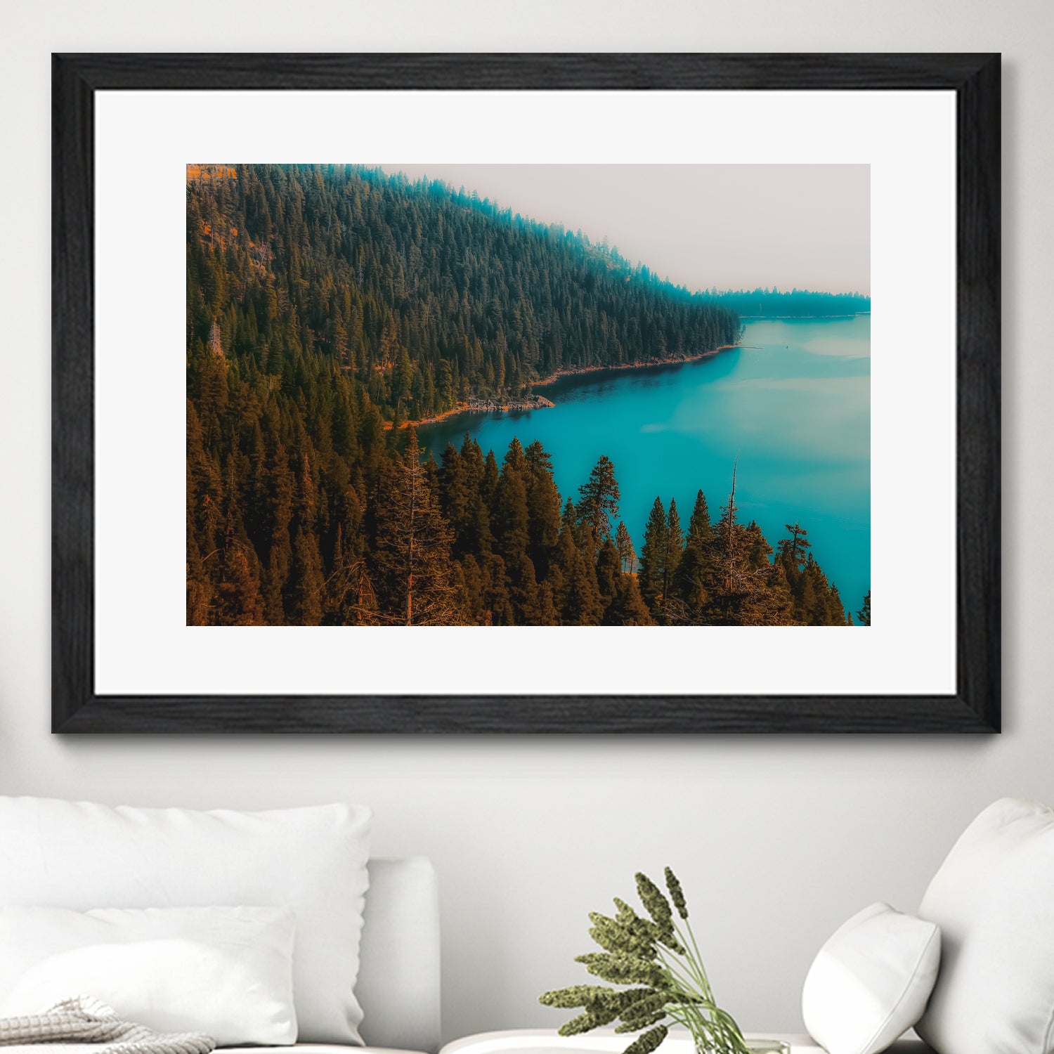 Pine tree and lake view at Emerald Bay Lake Tahoe California by sutee monchitnukul on GIANT ART - blue photo manipulation