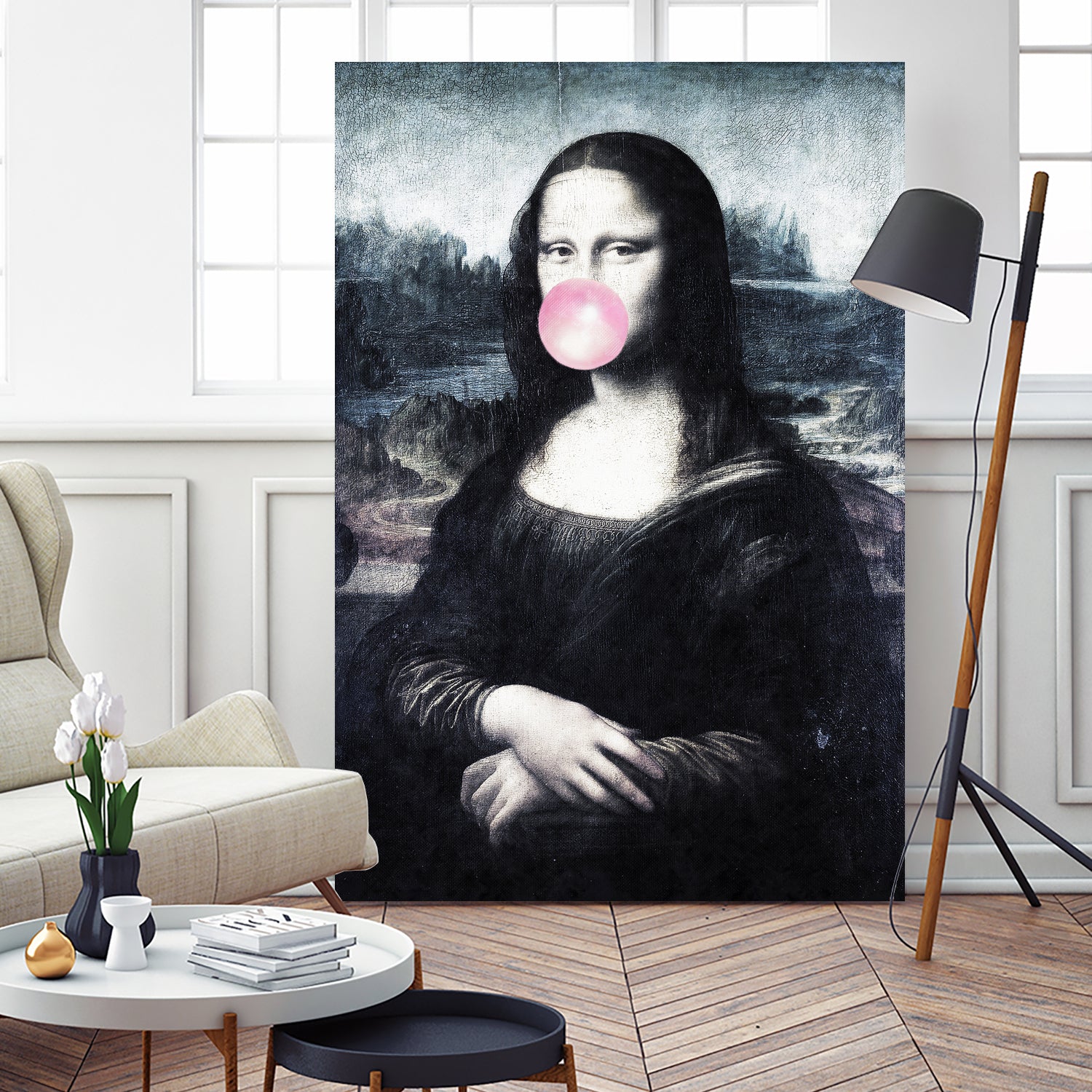 Mona Lisa blowing bubblegum bubbles by Menelaos Trompoukis on GIANT ART - blue digital painting