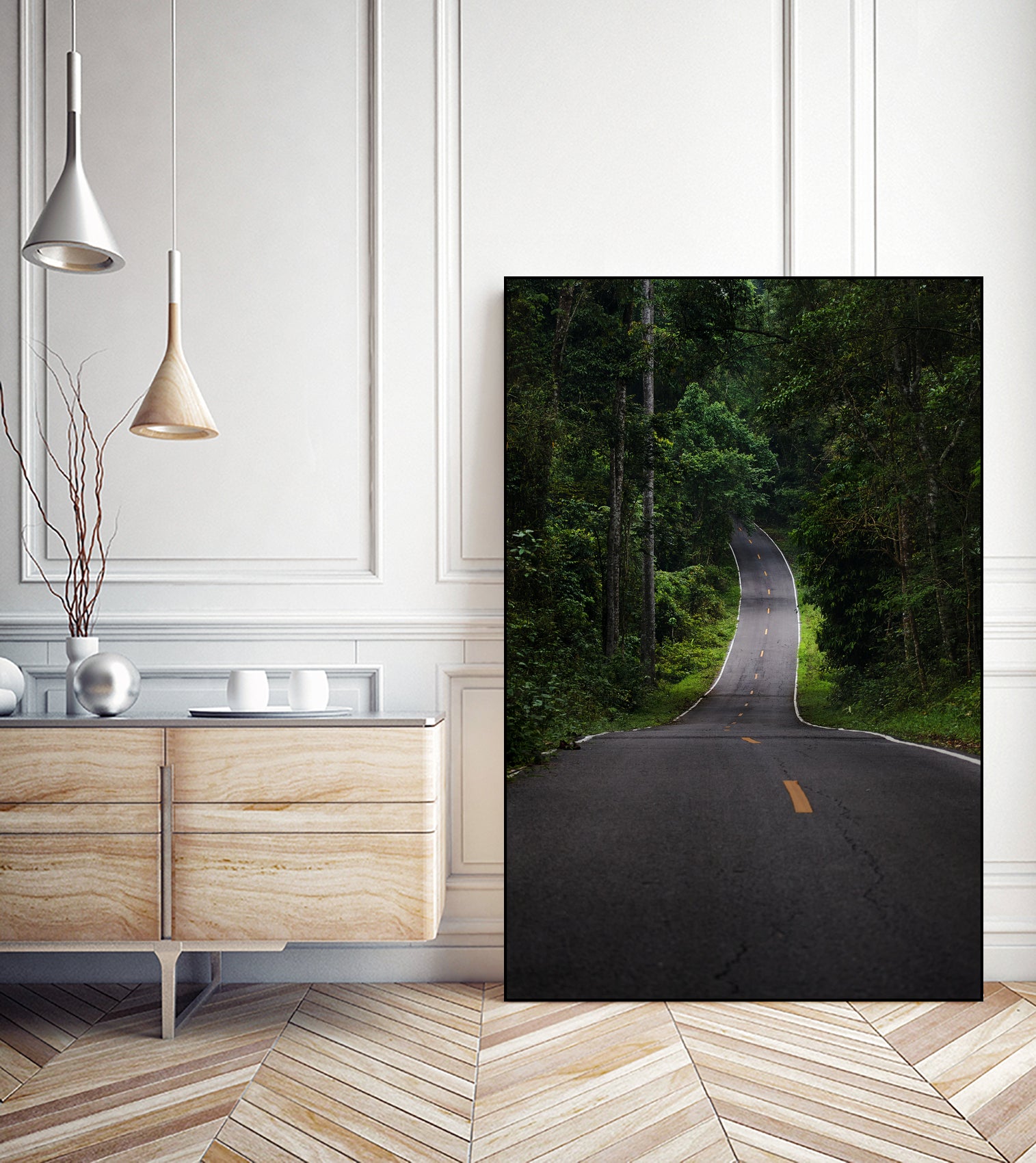 The asphalt road straight into the forest by Studio OMG on GIANT ART - green photo illustration