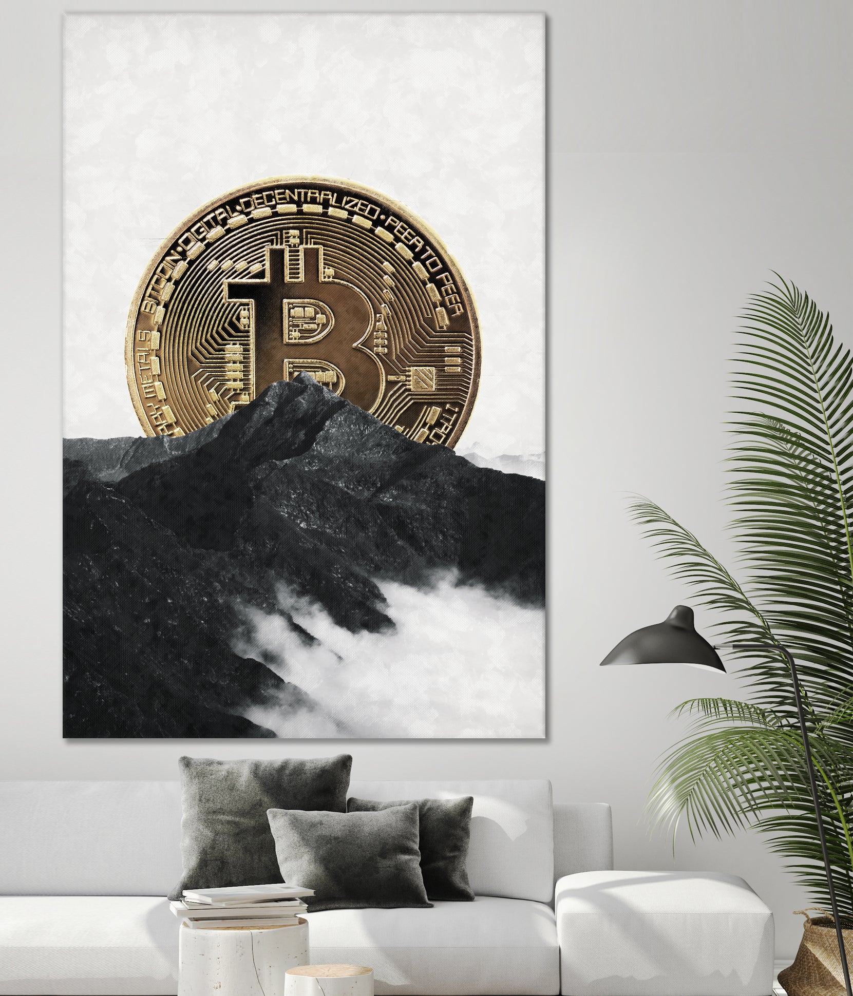 Bitcoin rising behind the mountain by Menelaos Trompoukis on GIANT ART - gray digital painting