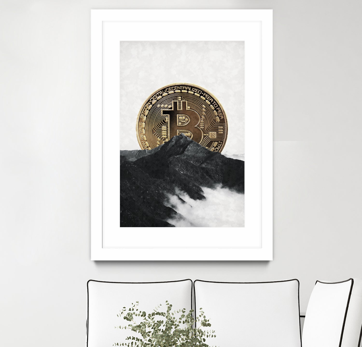 Bitcoin rising behind the mountain by Menelaos Trompoukis on GIANT ART - gray digital painting