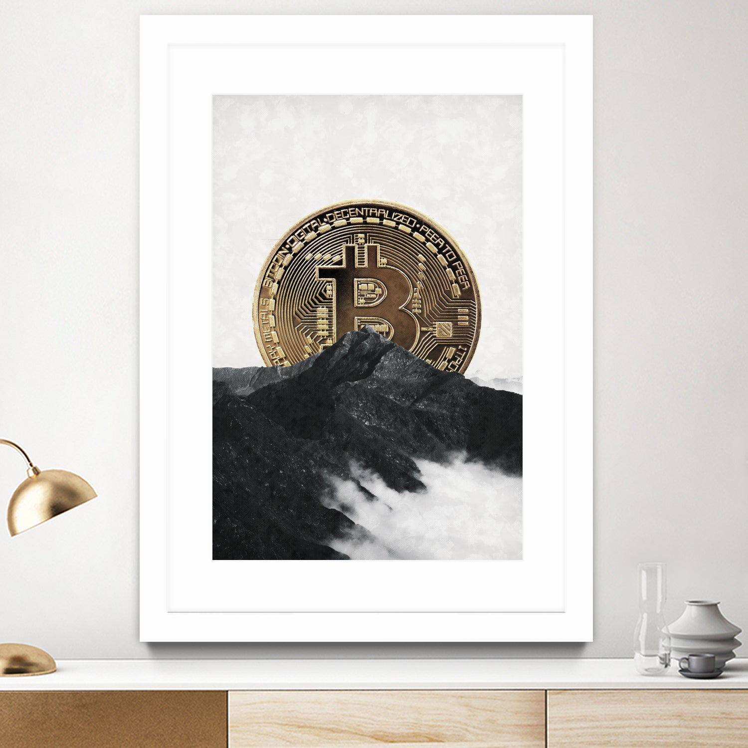 Bitcoin rising behind the mountain by Menelaos Trompoukis on GIANT ART - gray digital painting