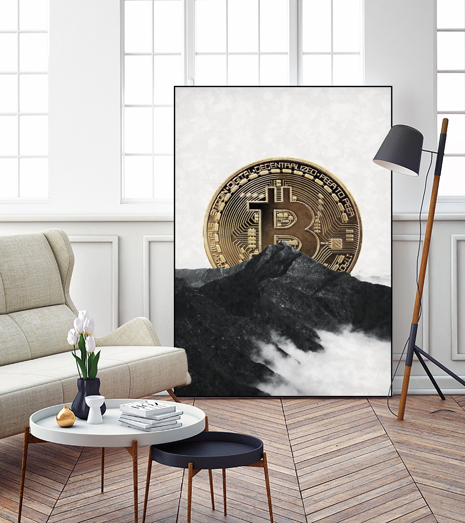 Bitcoin rising behind the mountain by Menelaos Trompoukis on GIANT ART - gray digital painting