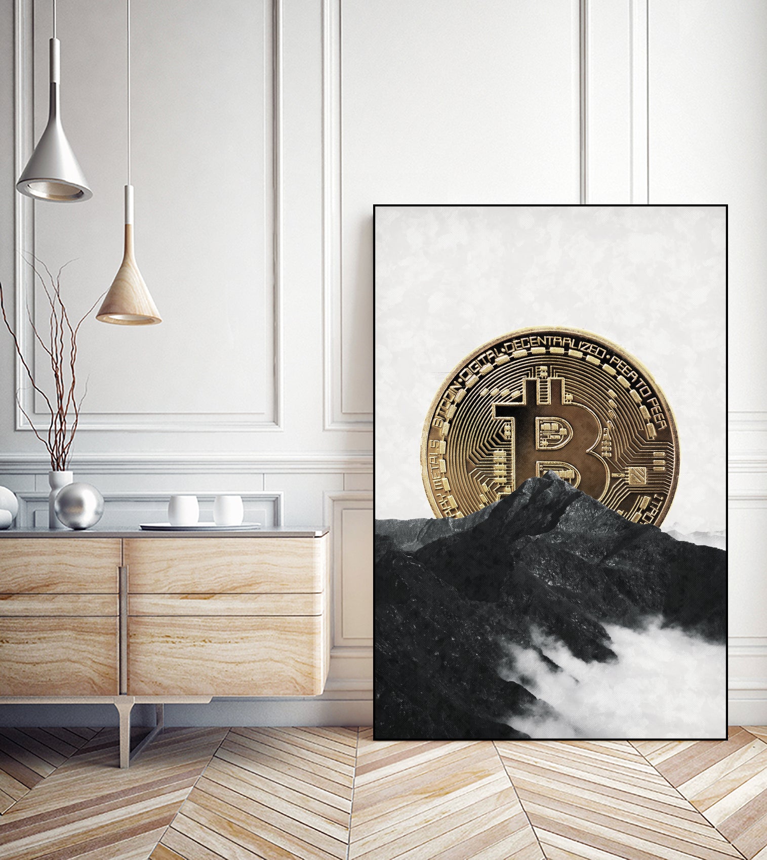 Bitcoin rising behind the mountain by Menelaos Trompoukis on GIANT ART - gray digital painting