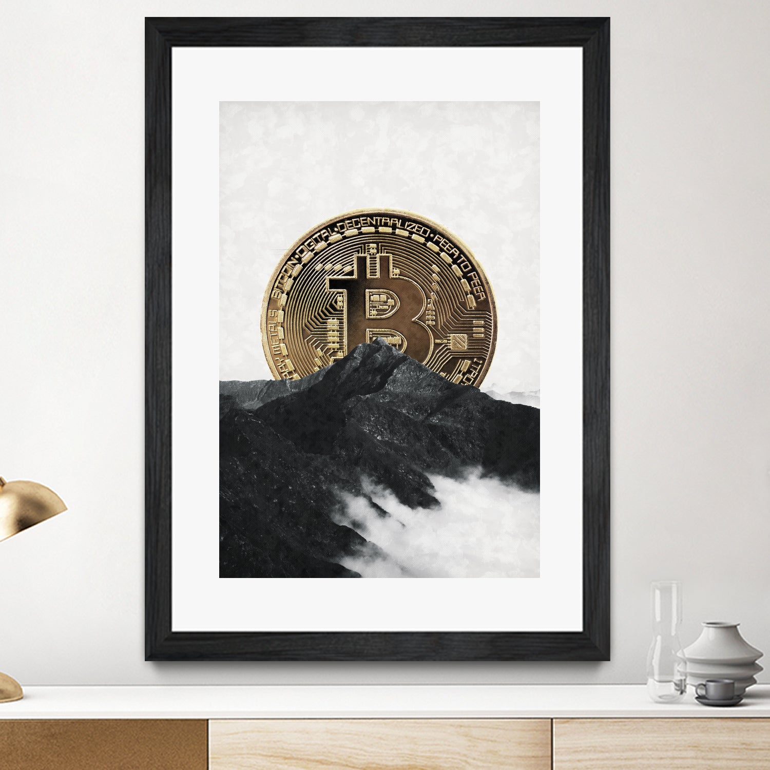 Bitcoin rising behind the mountain by Menelaos Trompoukis on GIANT ART - gray digital painting