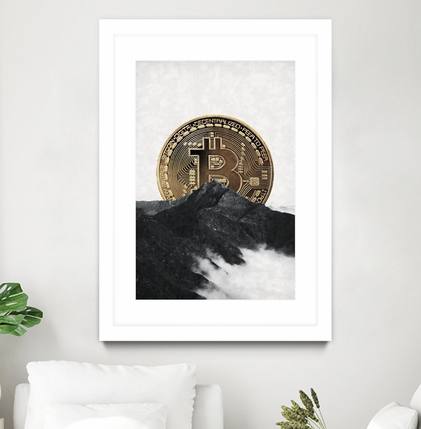 Bitcoin rising behind the mountain by Menelaos Trompoukis on GIANT ART - gray digital painting