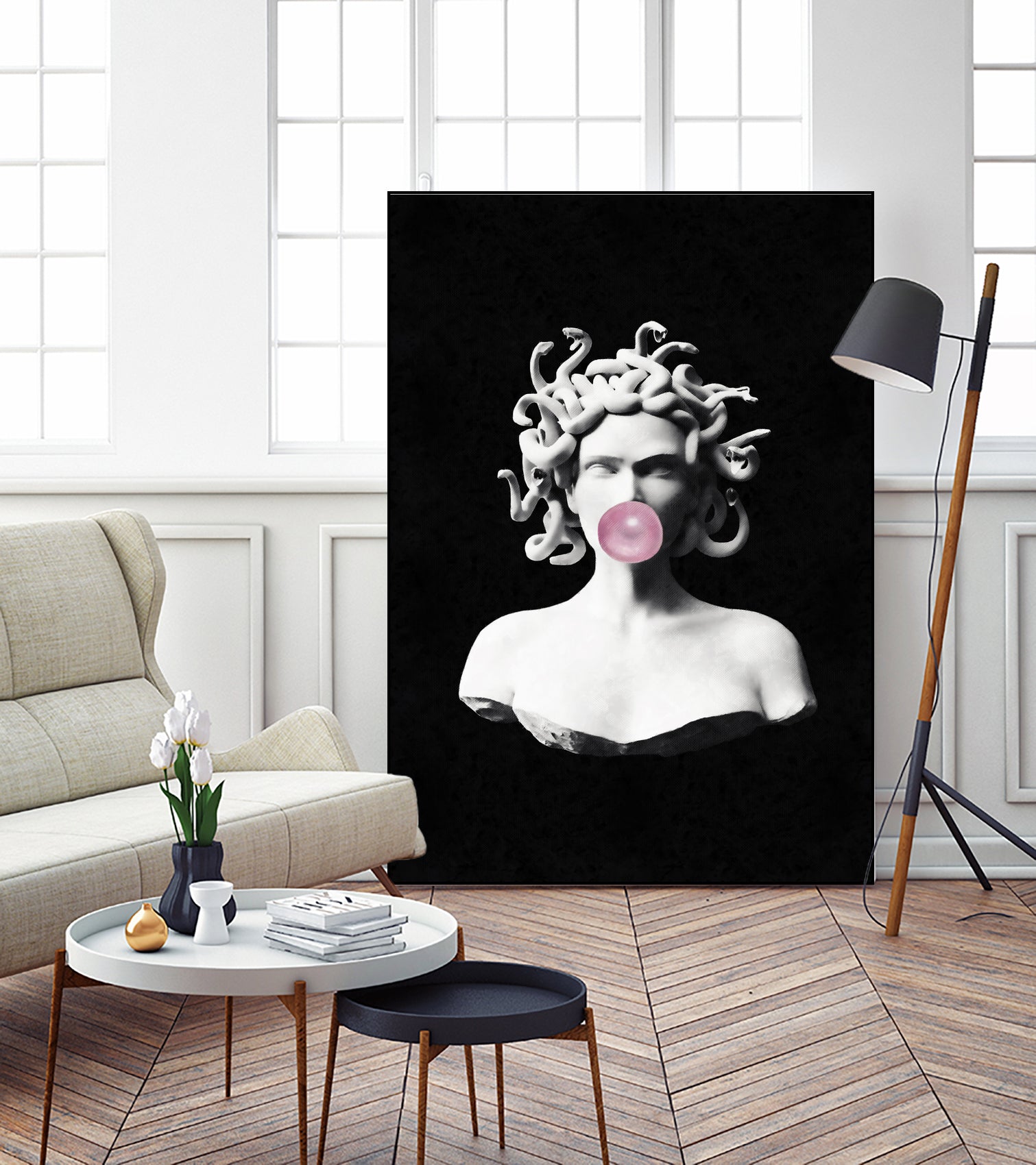 Medusa blowing pink bubblegum bubble by Menelaos Trompoukis on GIANT ART - black digital painting